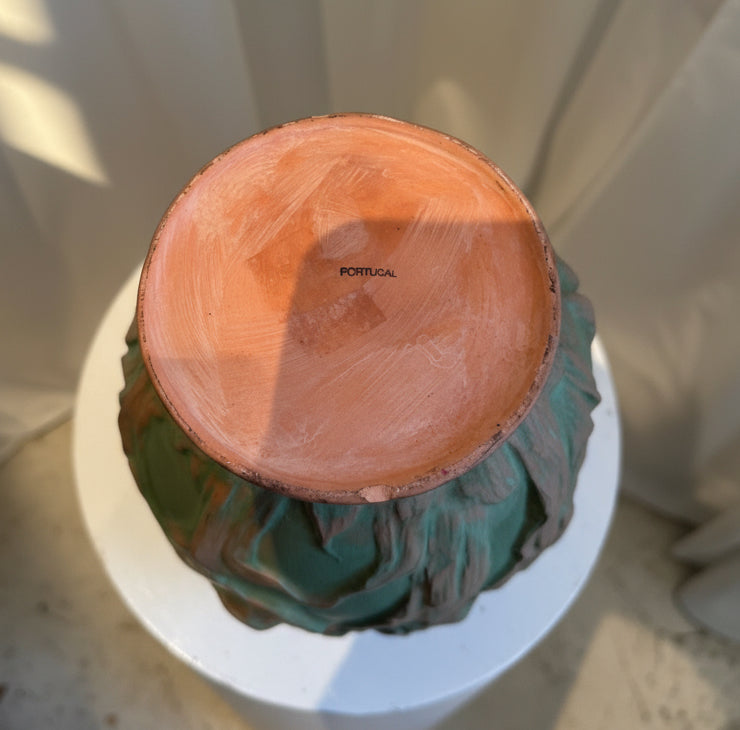 Mid-Century Portuguese Art Pottery Vase with Raised Tulip Relief in Matte Green & Terracotta base showing "PORTUGAL" stamp, hommes + gardens estudio.