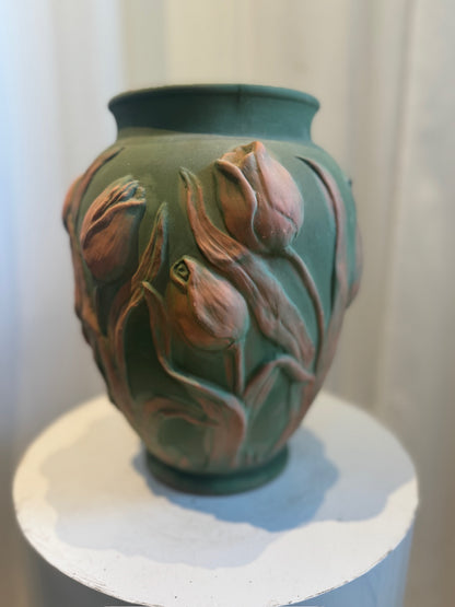 Mid-Century Portuguese Art Pottery Vase with Raised Tulip Relief in Matte Green & Terracotta