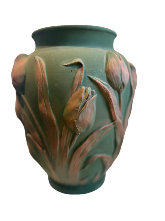 Mid-Century Portuguese Art Pottery Vase with Raised Tulip Relief in Matte Green & Terracotta