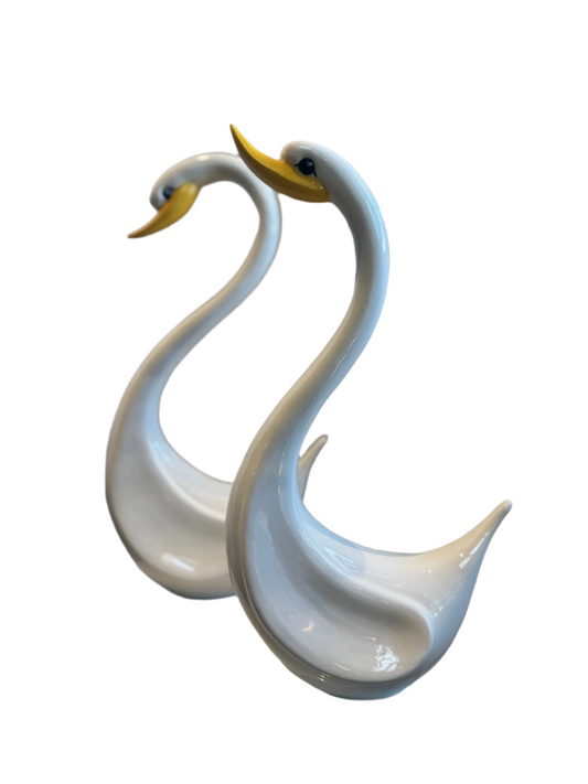 Pair of Elegant Vintage Ceramic Swan Sculptures in Gloss White with Yellow Beaks