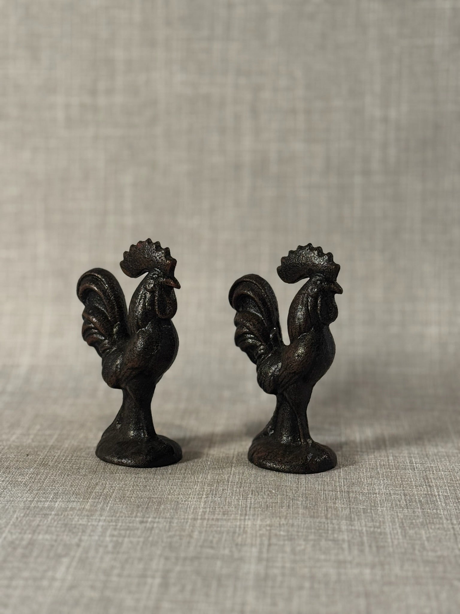 Pair of Vintage Cast Iron Rooster Sculptures – Rustic Farmhouse Folk Art Accents