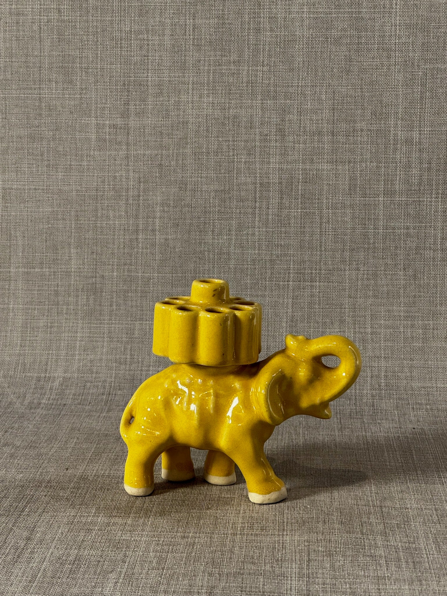 Vintage Mustard Yellow Ceramic Elephant Bud Vase or Cigarette Caddy