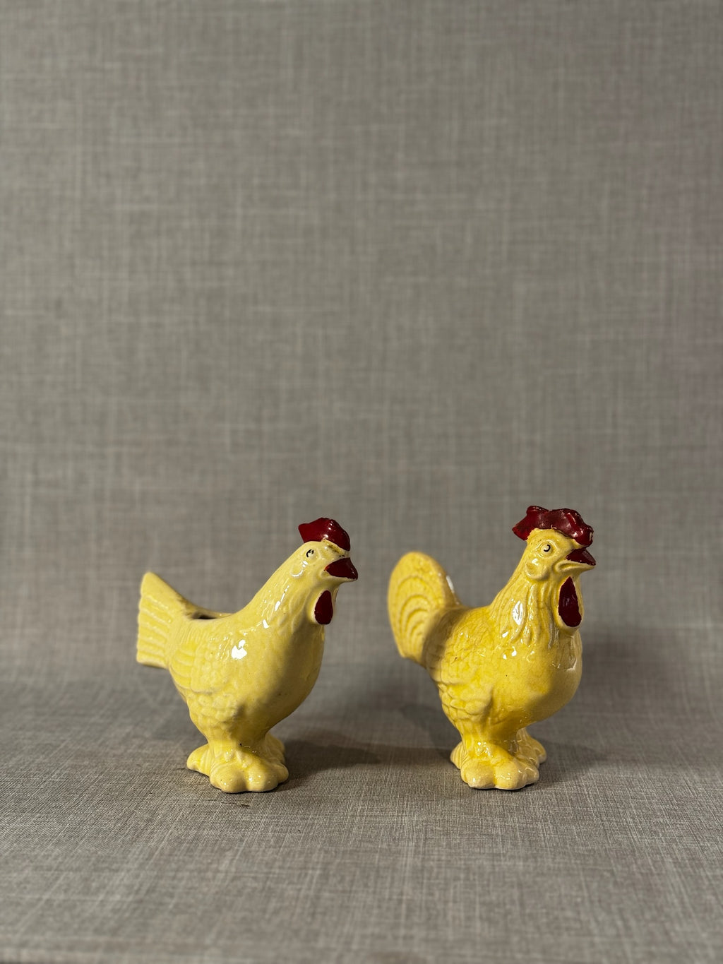 Charming Mid-Century Yellow Ceramic Rooster & Hen Planter Pair with Red Accents