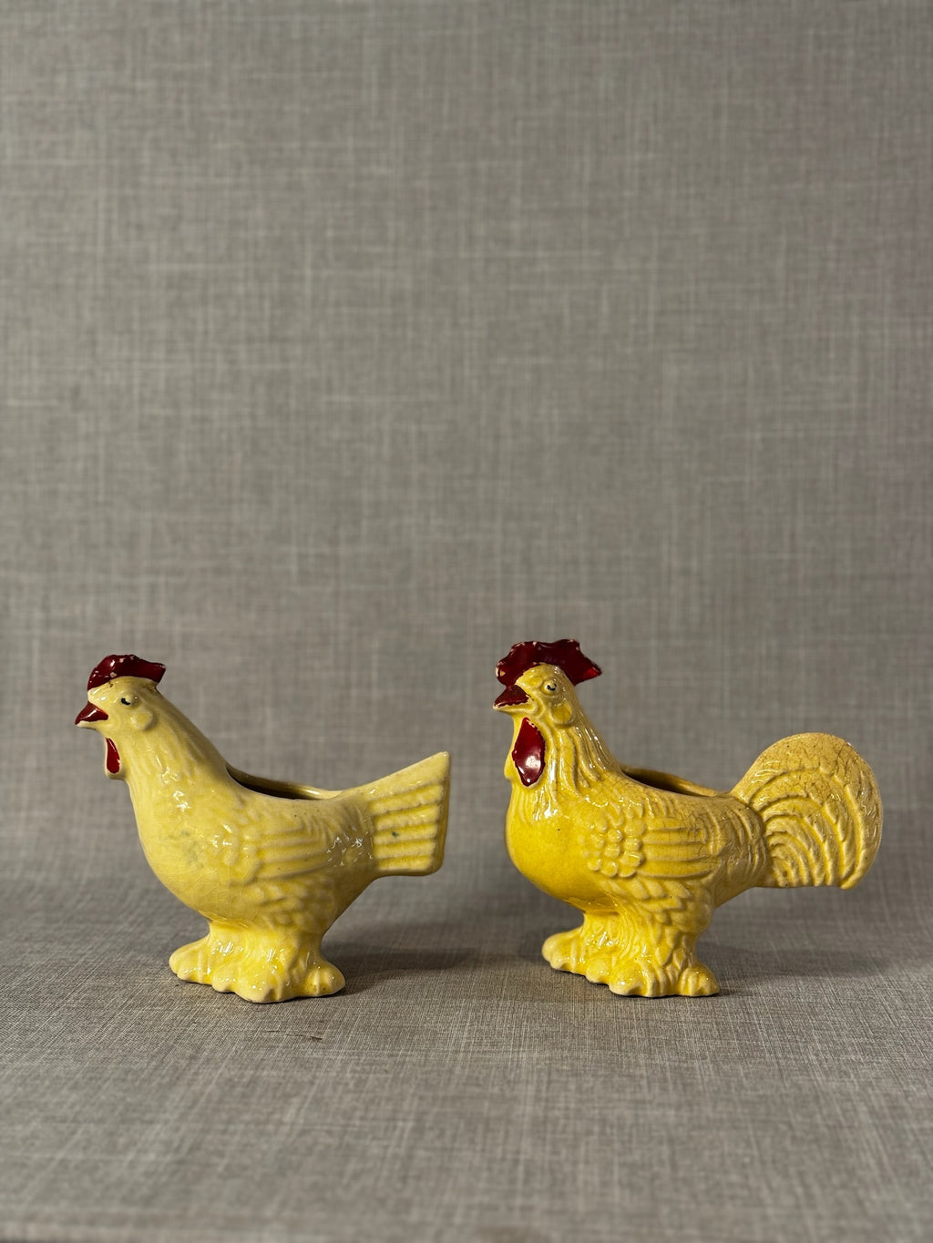 Charming Mid-Century Yellow Ceramic Rooster & Hen Planter Pair with Red Accents