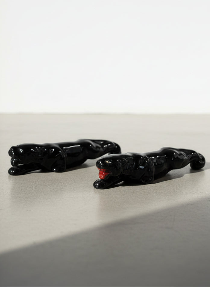 Vintage Mid-Century Black Panther Ceramic Figurine Pair c. 1950's