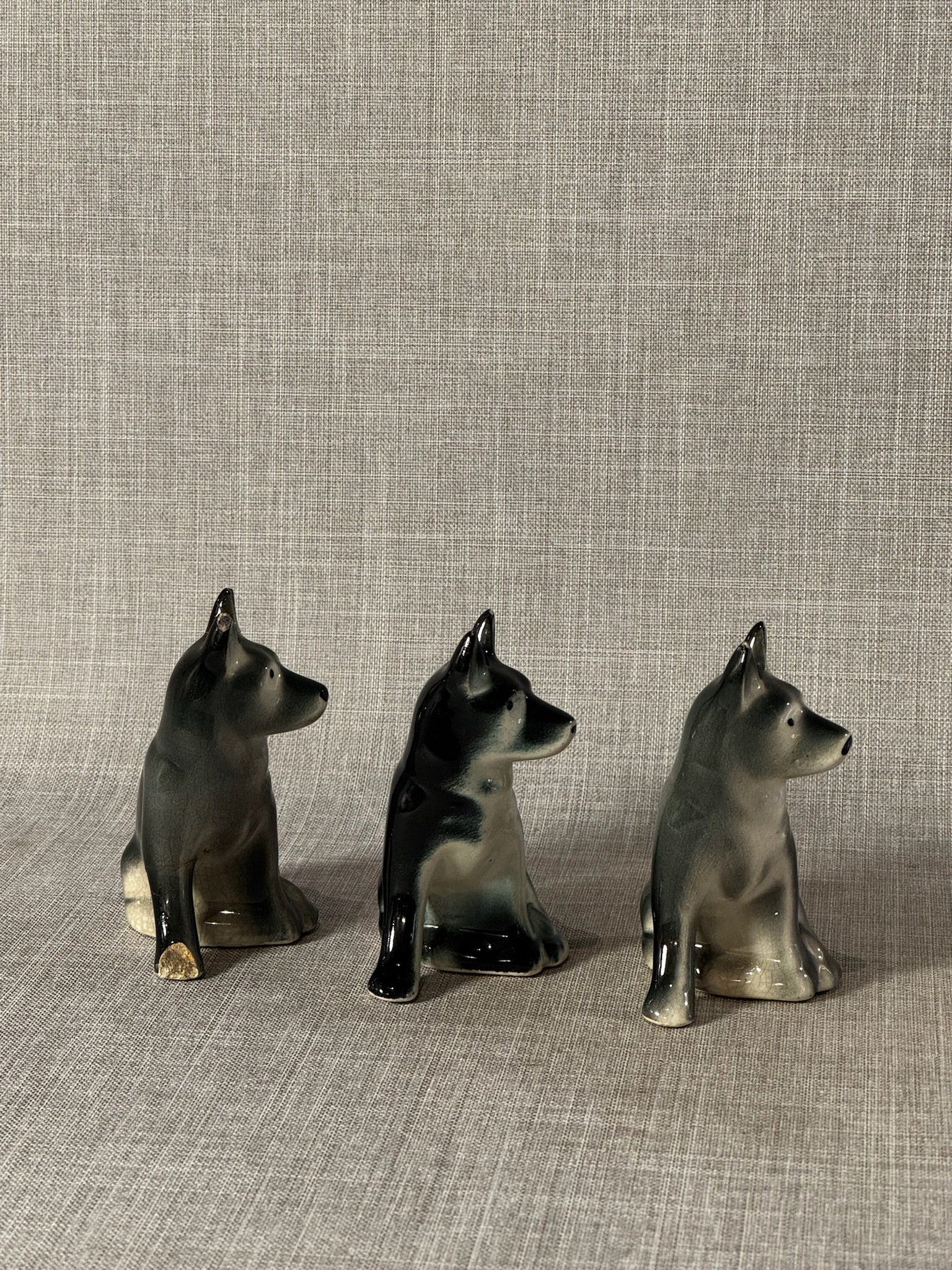 Set of 3 Vintage Black & Cream Ceramic Sitting Dog Figurines – Glossy Glazed Collectible Trio