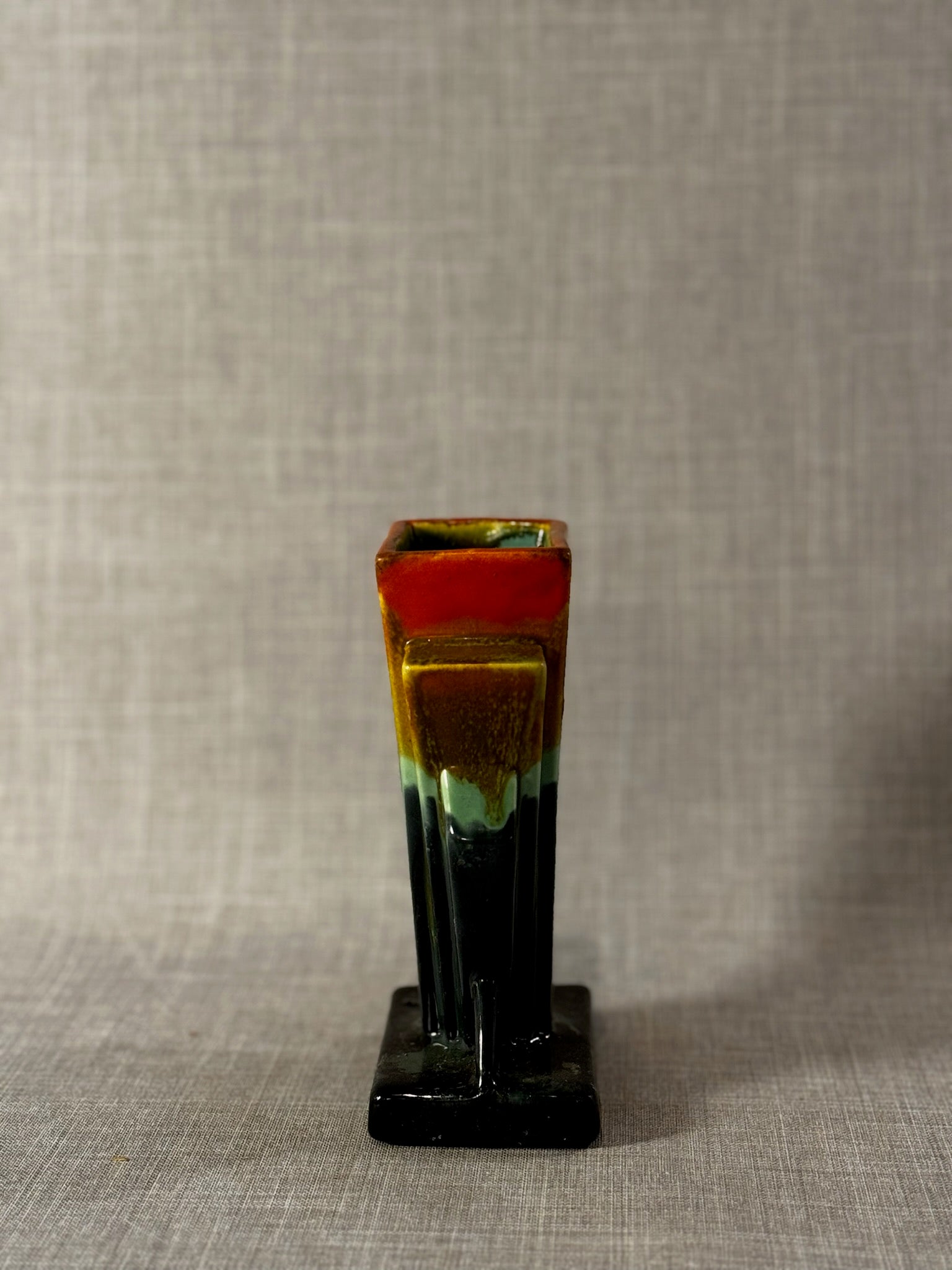 Striking Art Deco Revival Ceramic Fan Vase with Amber-to-Green Drip Glaze