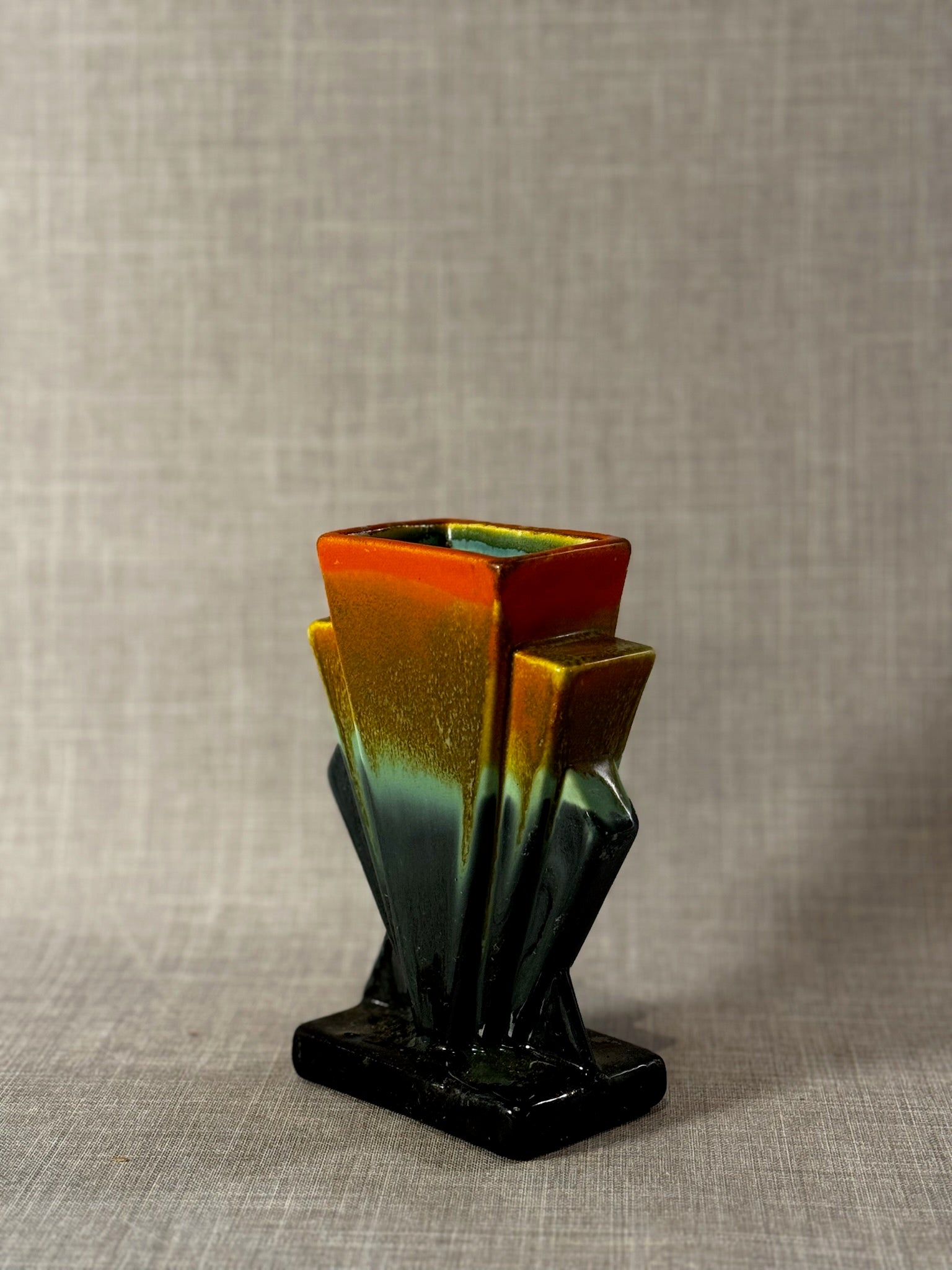 Striking Art Deco Revival Ceramic Fan Vase with Amber-to-Green Drip Glaze