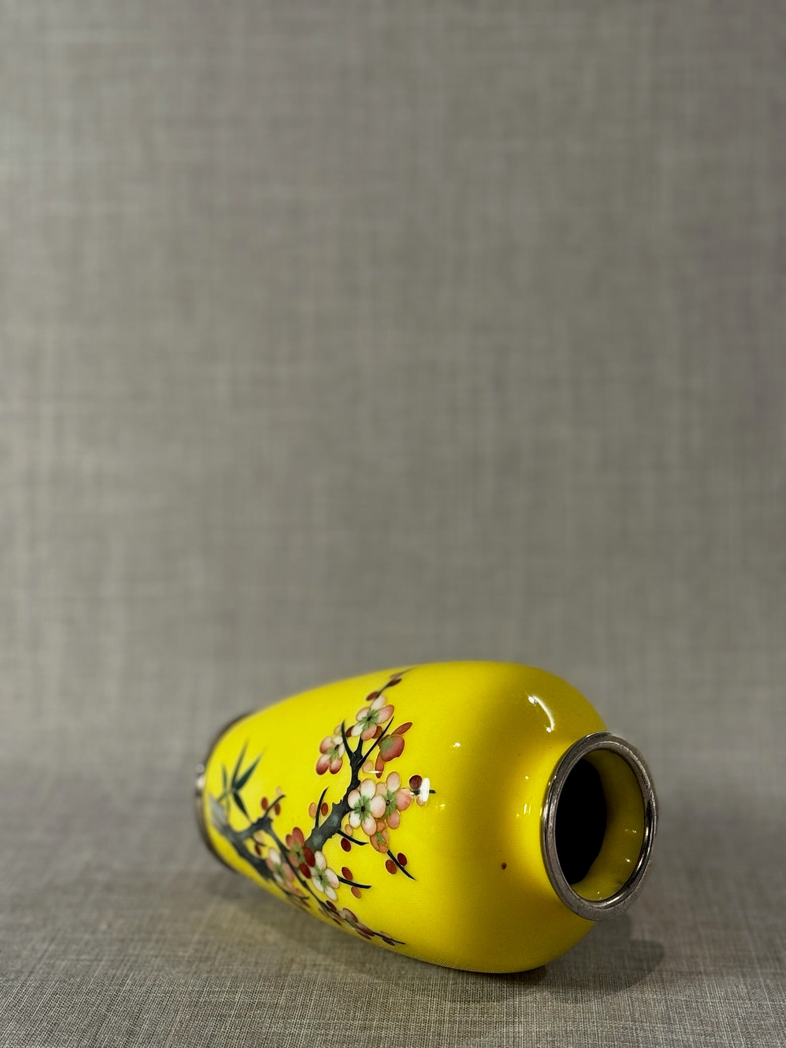 Japanese Cloisonné Yellow Enamel Vase with Hand-Painted Plum Blossoms & Silver-Tone Accents