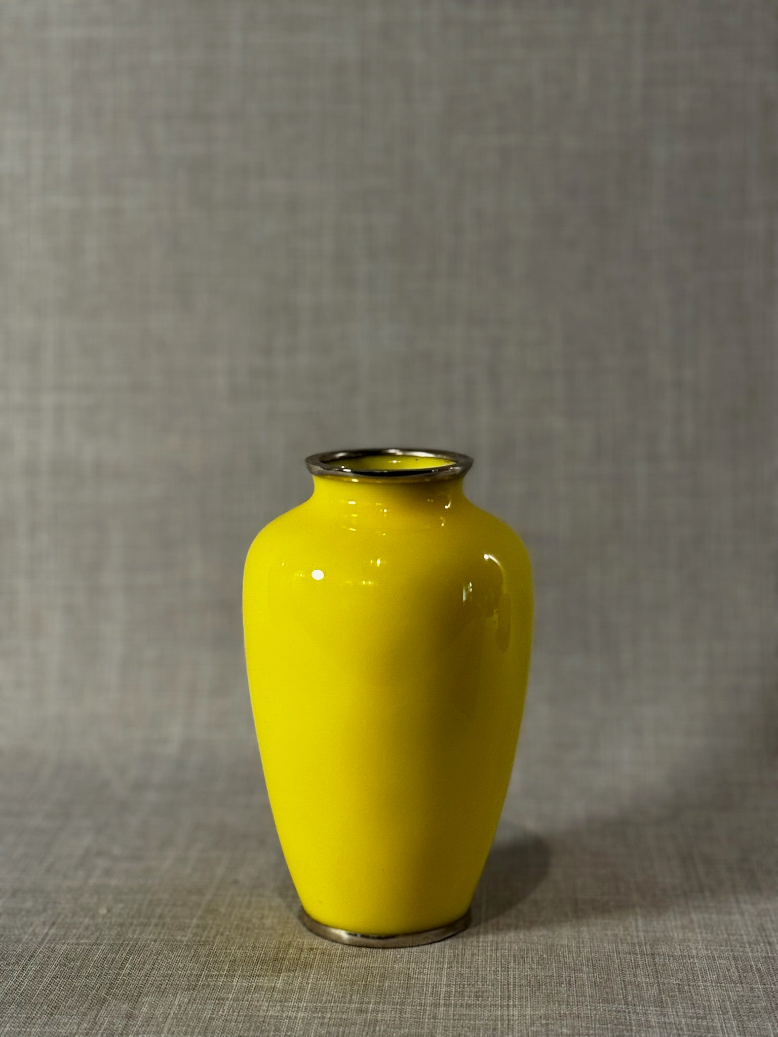 Japanese Cloisonné Yellow Enamel Vase with Hand-Painted Plum Blossoms & Silver-Tone Accents