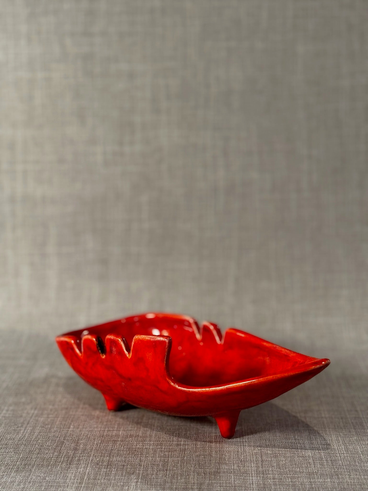 Striking 1961 Handcrafted Red Glazed Sculptural Mid-Century Modern Ceramic Ashtray Signed by A. Snech