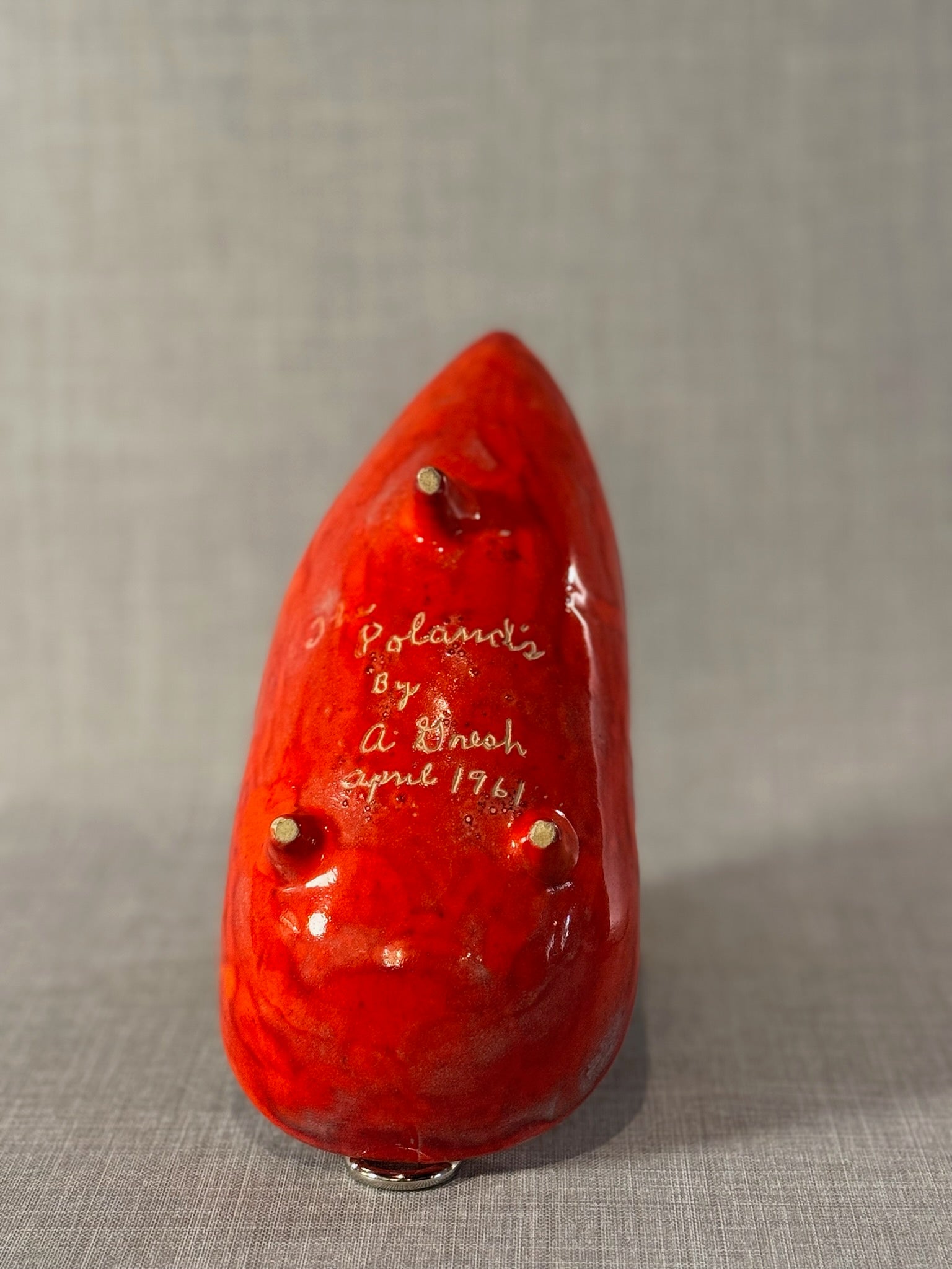 Striking 1961 Handcrafted Red Glazed Sculptural Mid-Century Modern Ceramic Ashtray Signed by A. Snech