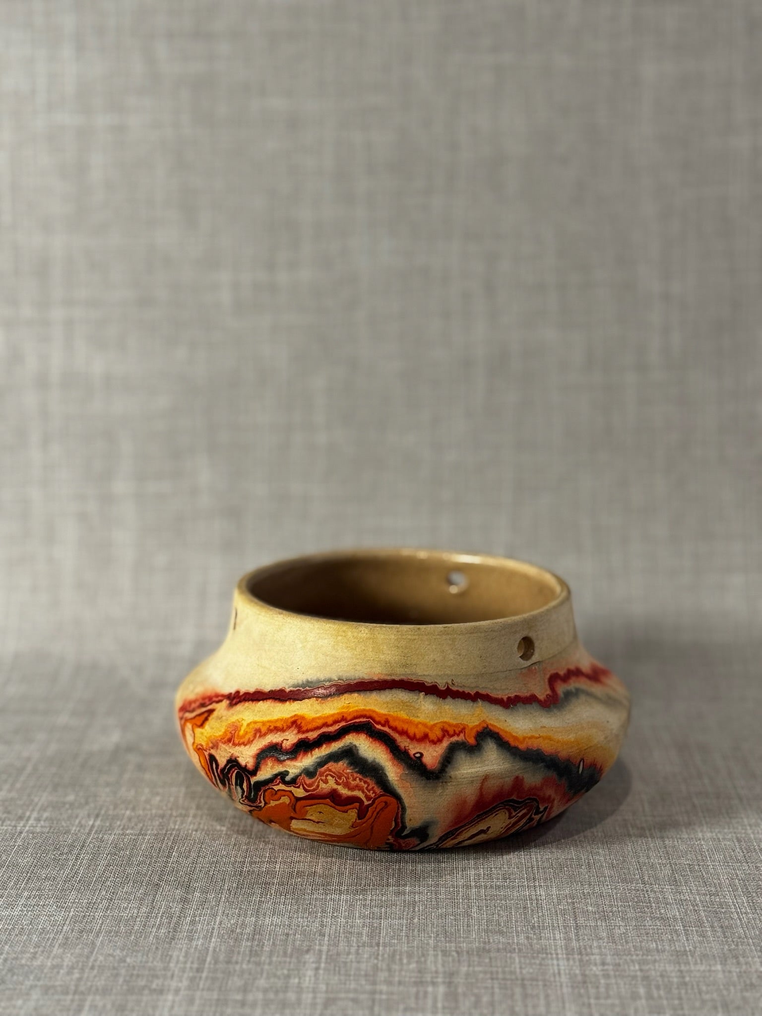 Vintage Nemadji Pottery Marbled Swirl Low Bowl Planter with Fiery Red & Amber Veining – USA Art Pottery