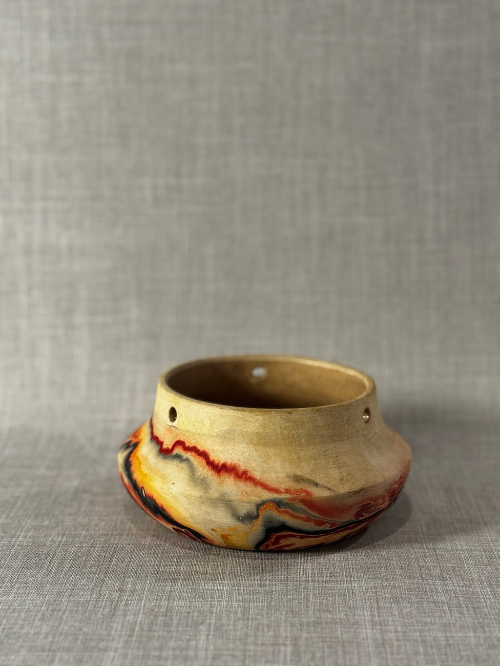 Vintage Nemadji Pottery Marbled Swirl Low Bowl Planter with Fiery Red & Amber Veining – USA Art Pottery