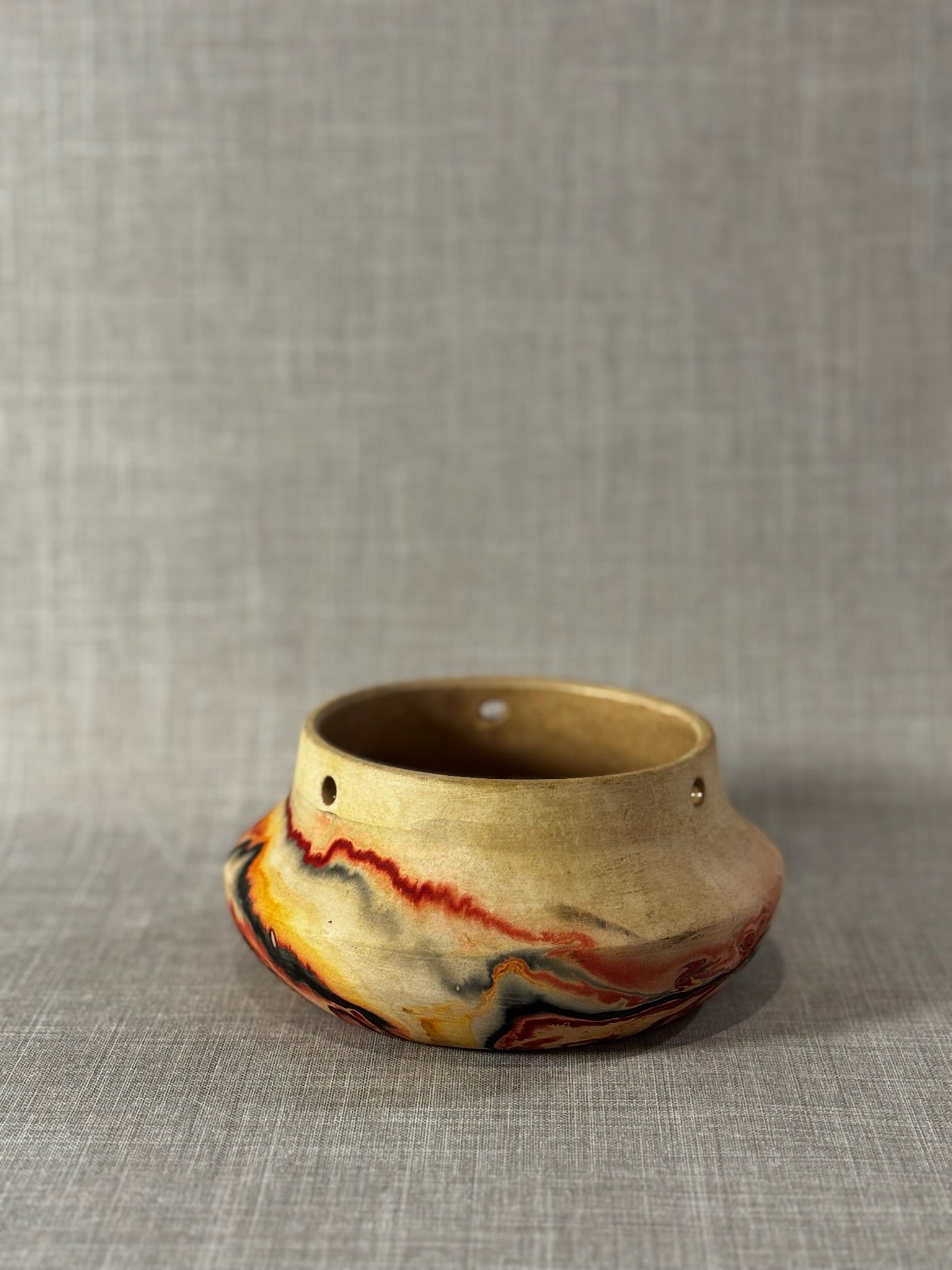 Vintage Nemadji Pottery Marbled Swirl Low Bowl Planter with Fiery Red & Amber Veining – USA Art Pottery