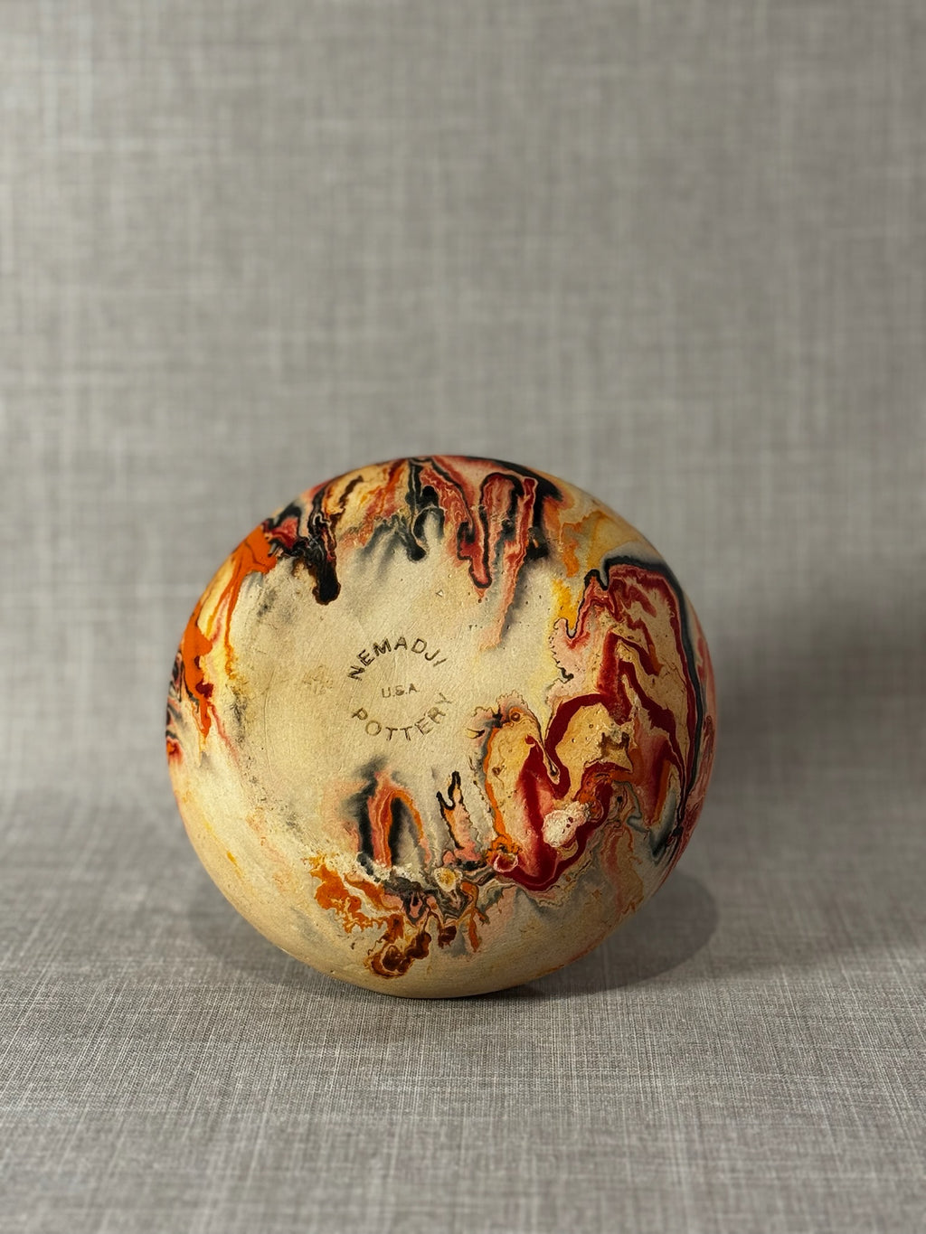 Vintage Nemadji Pottery Marbled Swirl Low Bowl Planter with Fiery Red & Amber Veining – USA Art Pottery