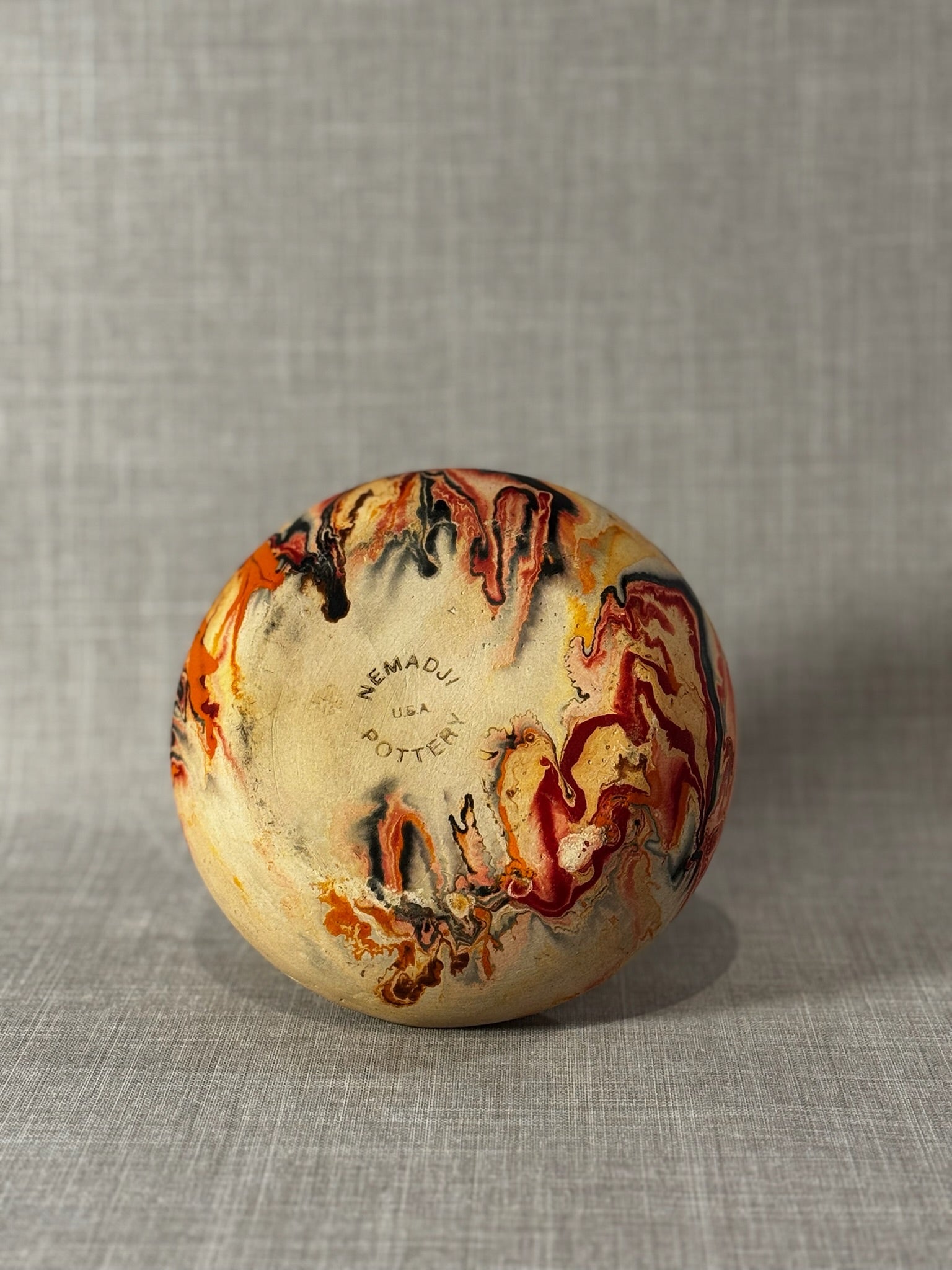 Vintage Nemadji Pottery Marbled Swirl Low Bowl Planter with Fiery Red & Amber Veining – USA Art Pottery