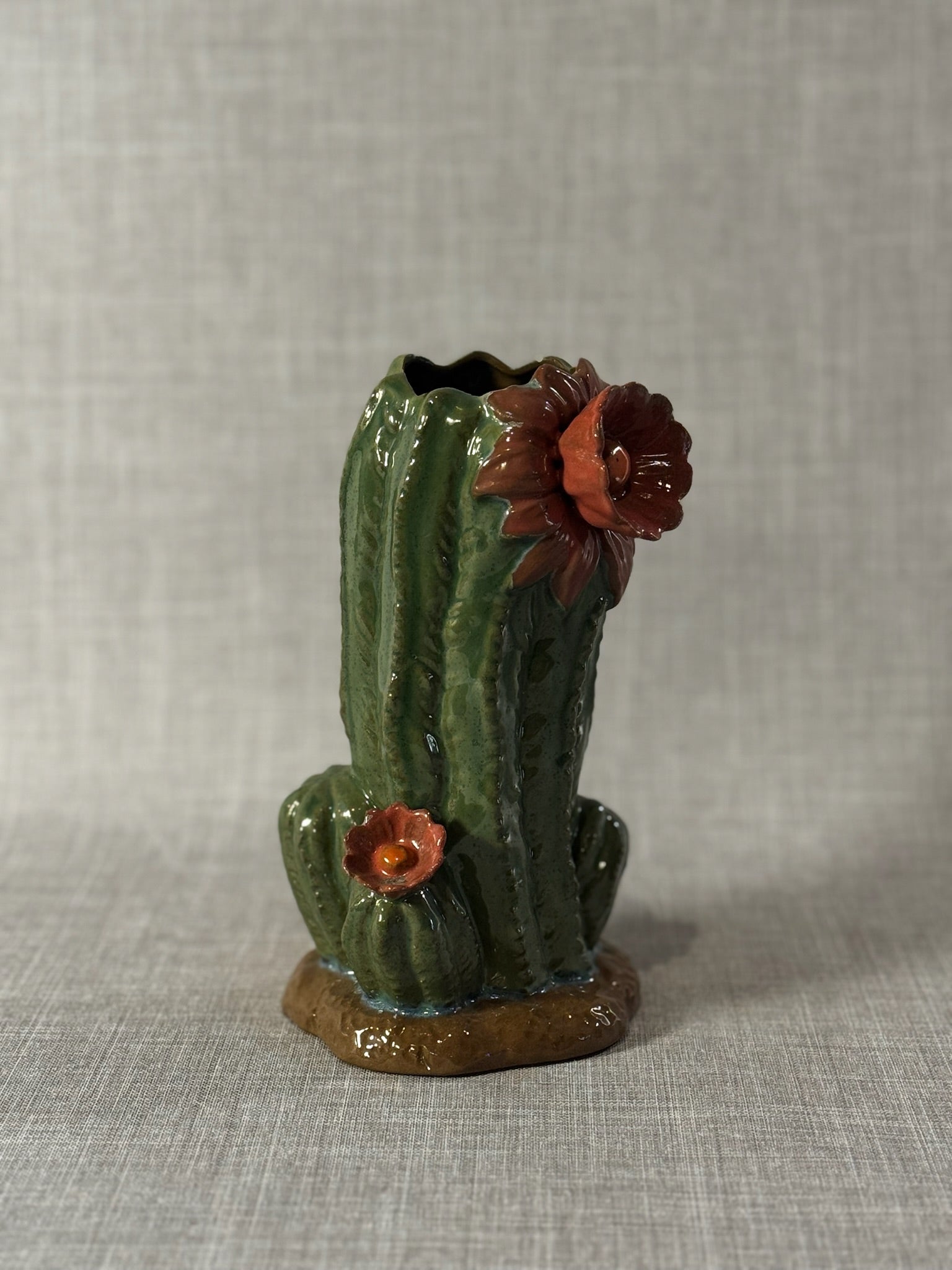 Vibrant Handcrafted Ceramic Cactus Sculpture Vase with Sculpted Desert Blooms