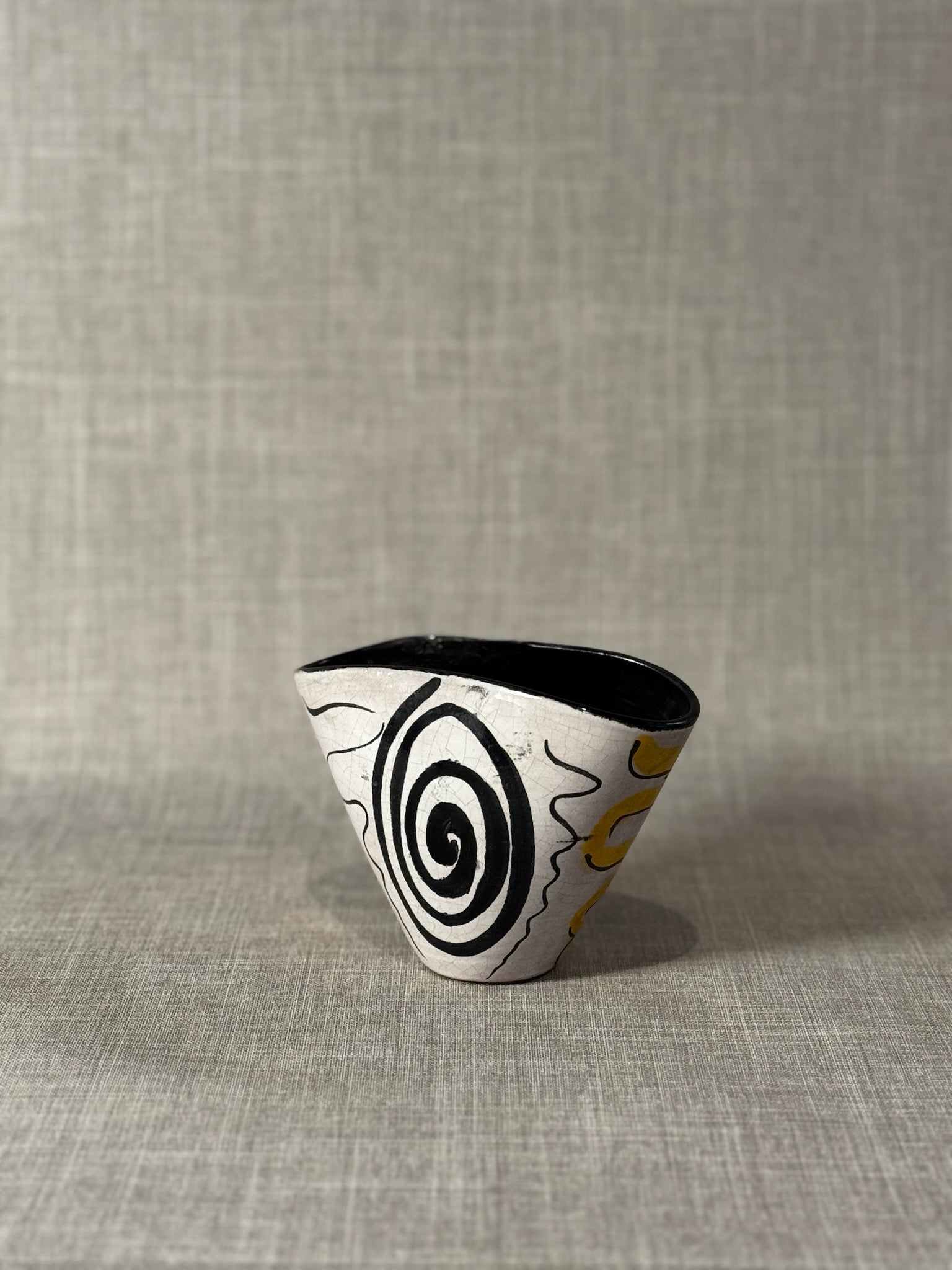 Haller Handarbeit Modern Abstract Cone-Form Bowl with Black Spiral & Yellow Accents