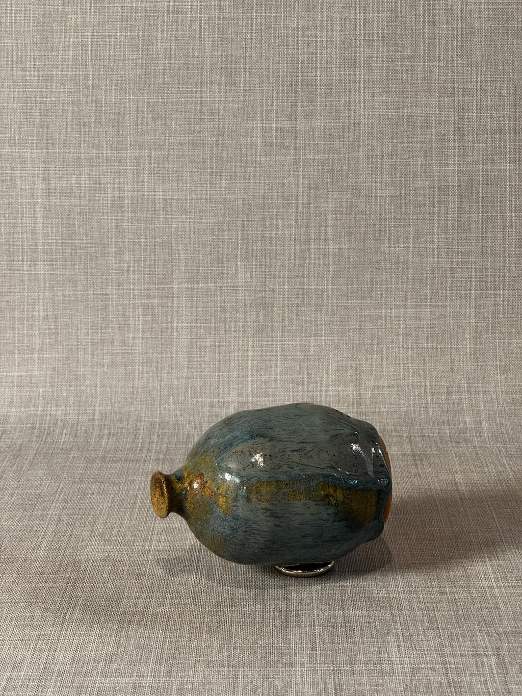 Handmade Studio Pottery Bud Vase with Flowing Blue-Green Lava Glaze & Ochre Accents