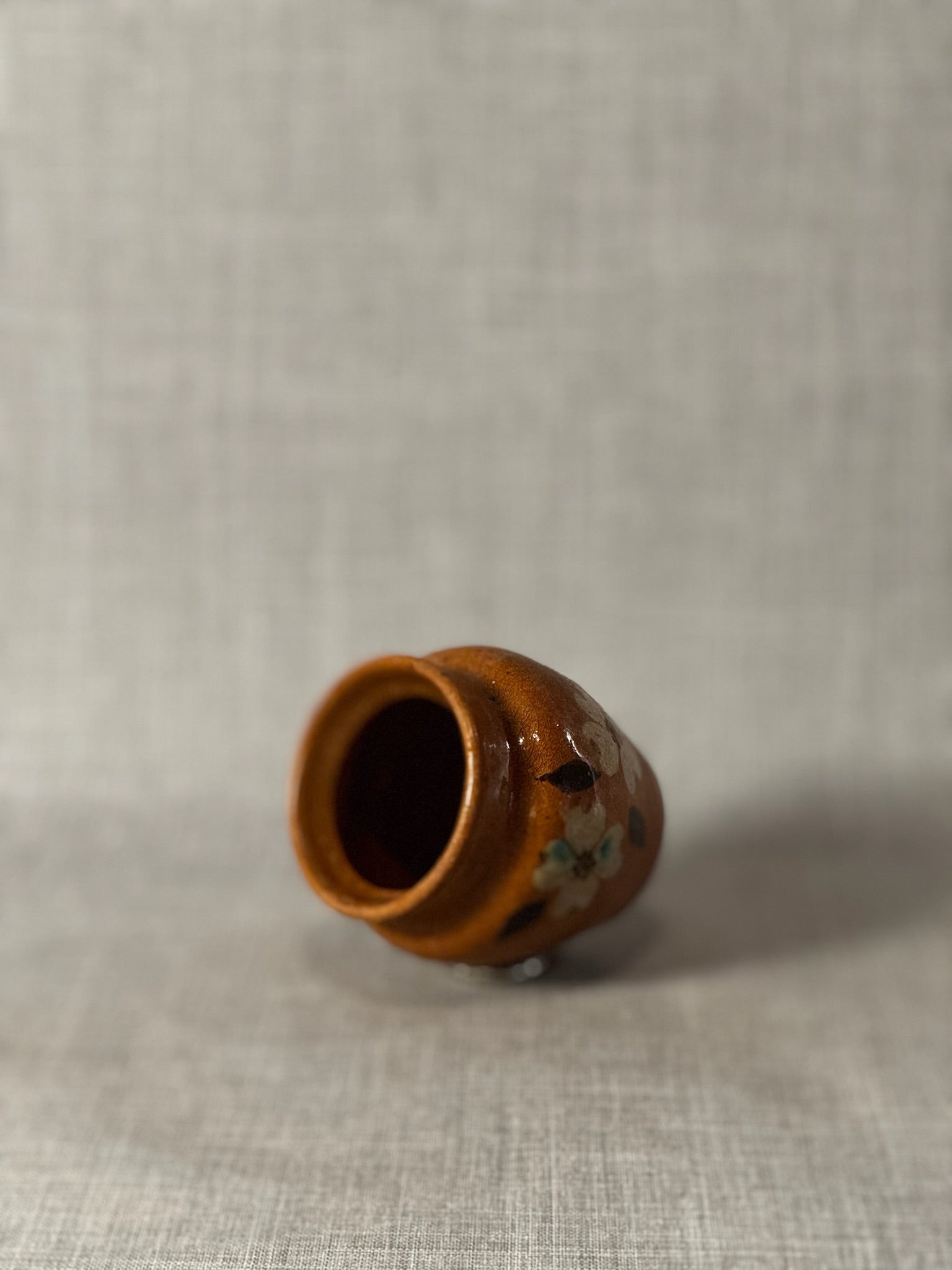 Charming Handcrafted Brown Stoneware Vase with Folk Art Floral Decoration