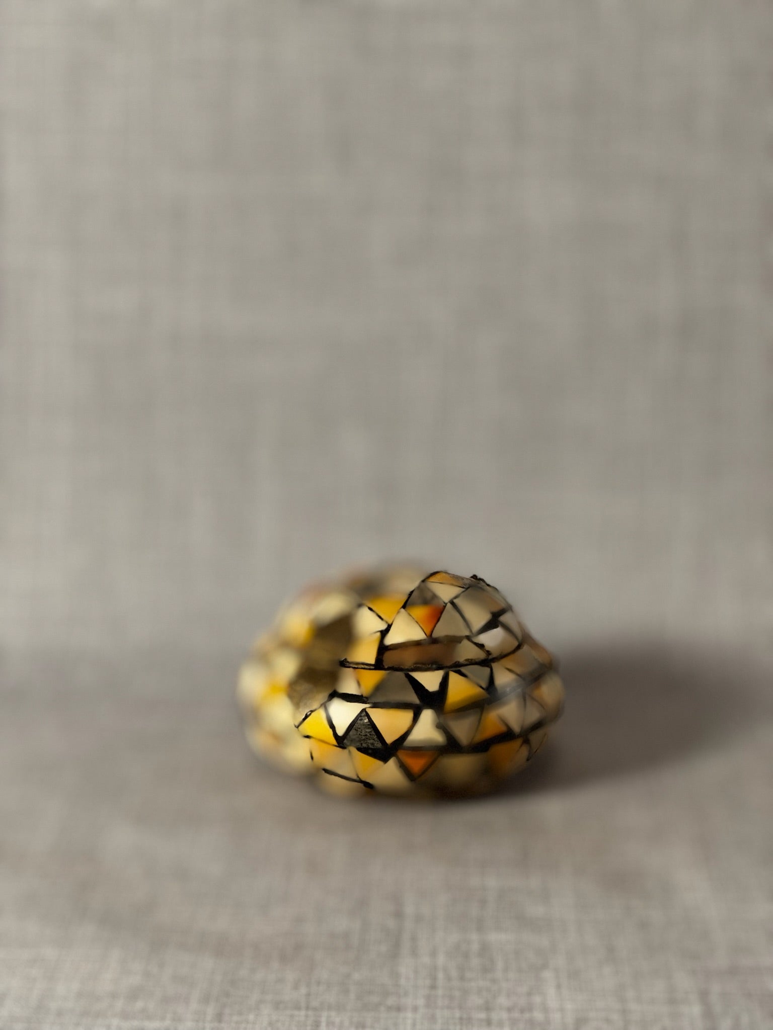 Handcrafted Mosaic Triangle-Inlay Round Lidded Vessel with Hinged Top