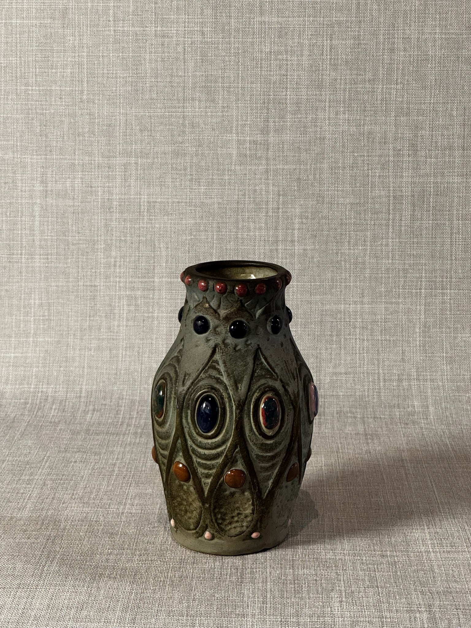 Artisan Stoneware Vase with Multicolor Cabochon Accents & Textured Organic Relief Design