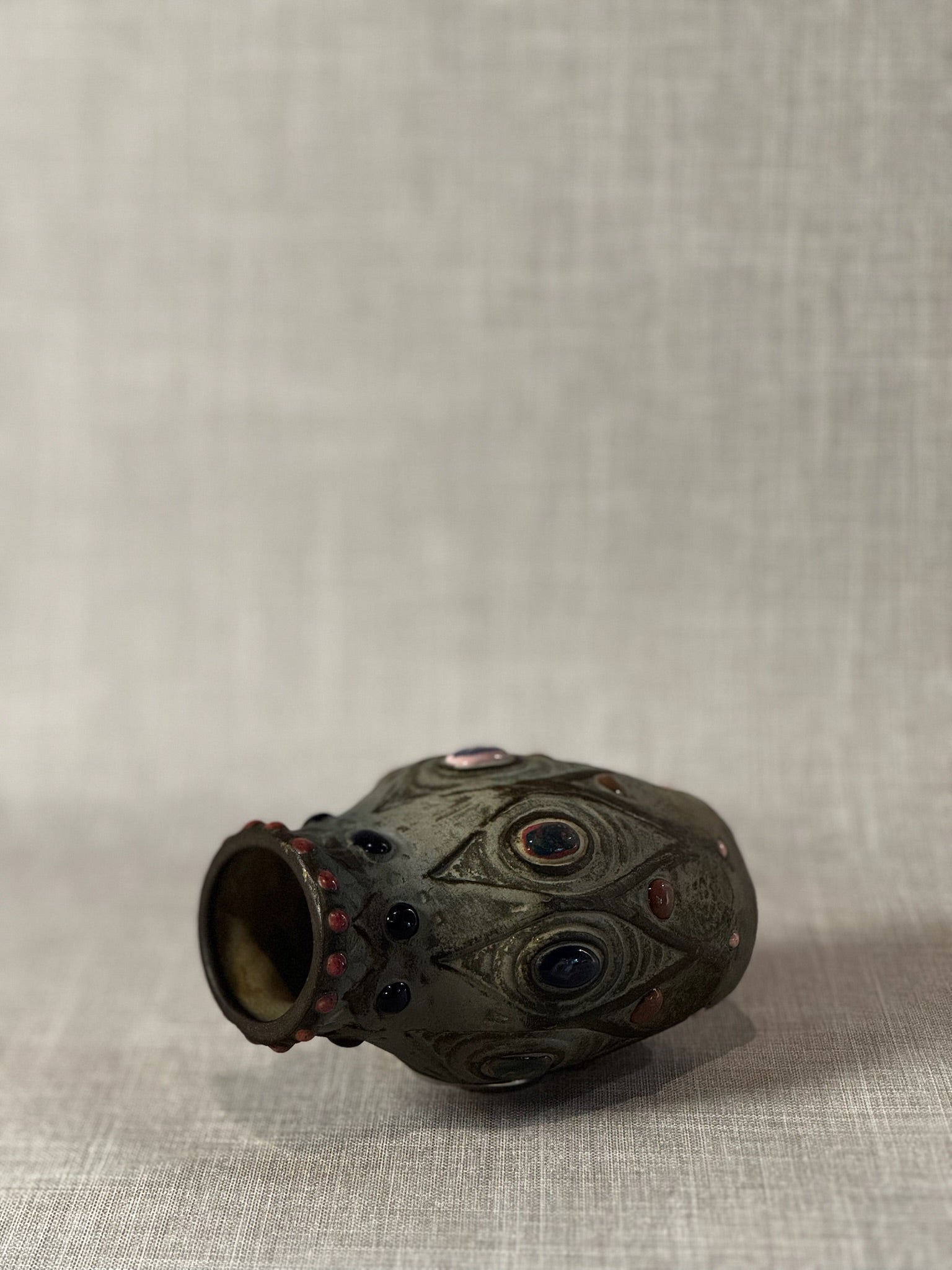 Artisan Stoneware Vase with Multicolor Cabochon Accents & Textured Organic Relief Design