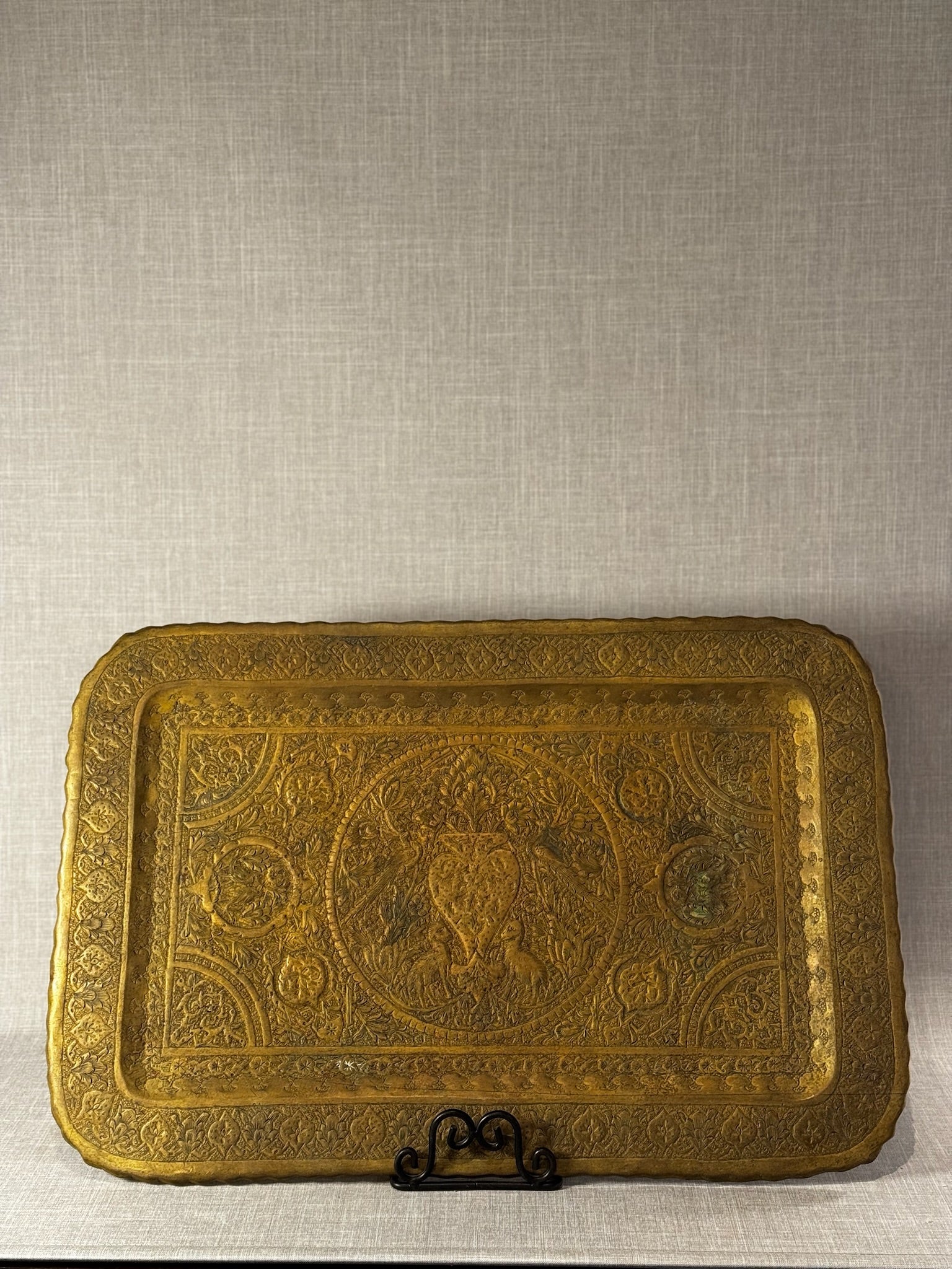 Large Antique Middle Eastern Brass Engraved Serving Tray with Ornate Foliate & Bird Motifs
