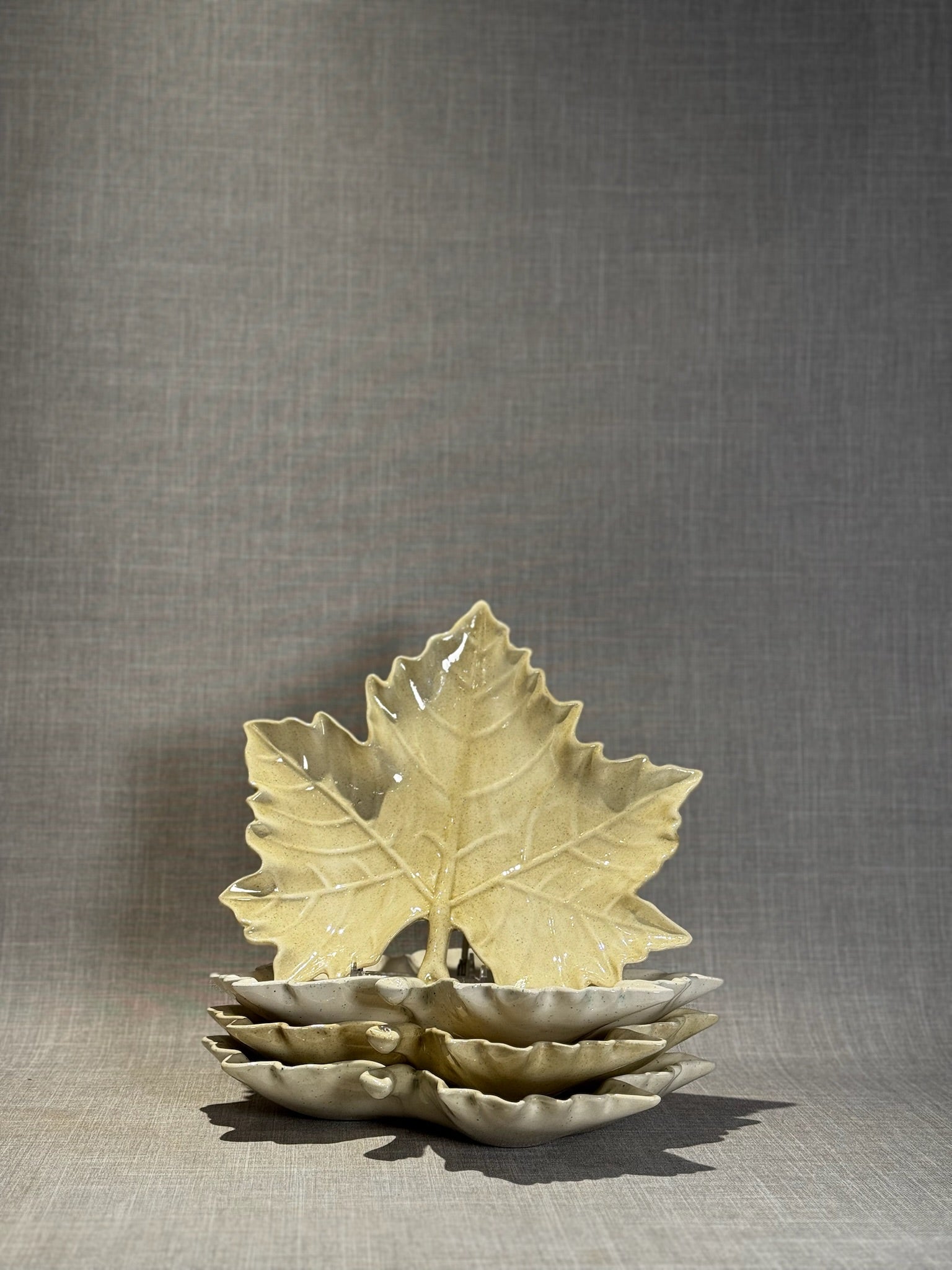 Vintage Set of 5 Ceramic Maple Leaf Serving Dishes – Handcrafted Speckled Glaze Autumn Tableware