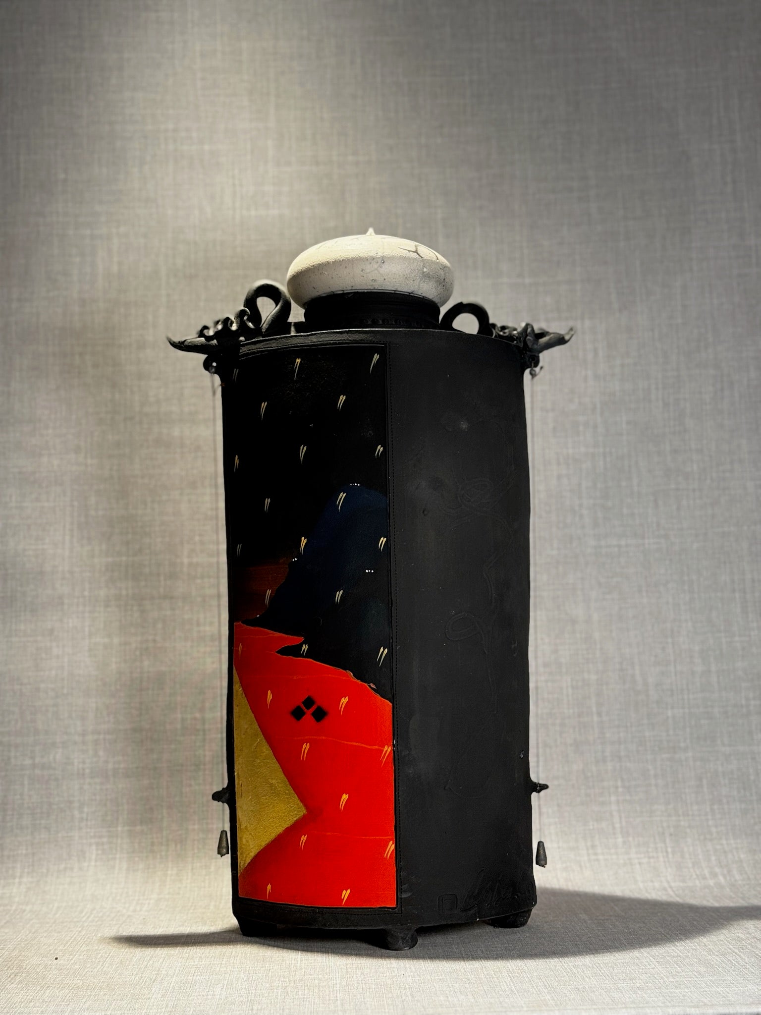 Striking Signed Hand-Painted Sculptural Ceramic Jar with Lid