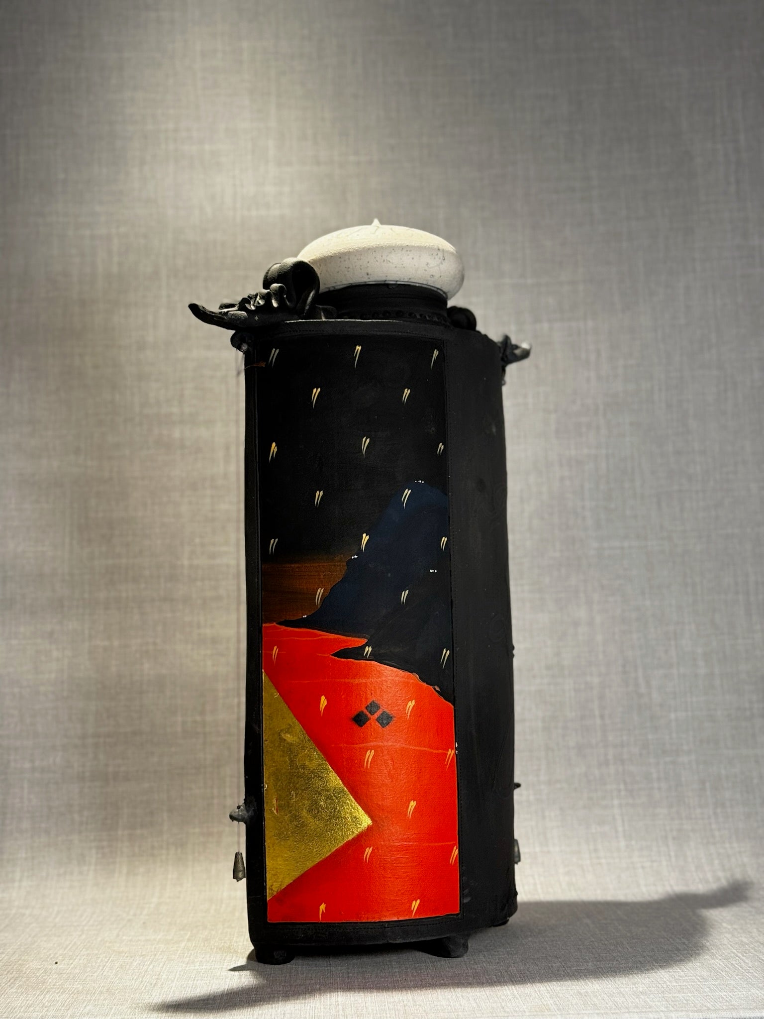 Striking Signed Hand-Painted Sculptural Ceramic Jar with Lid