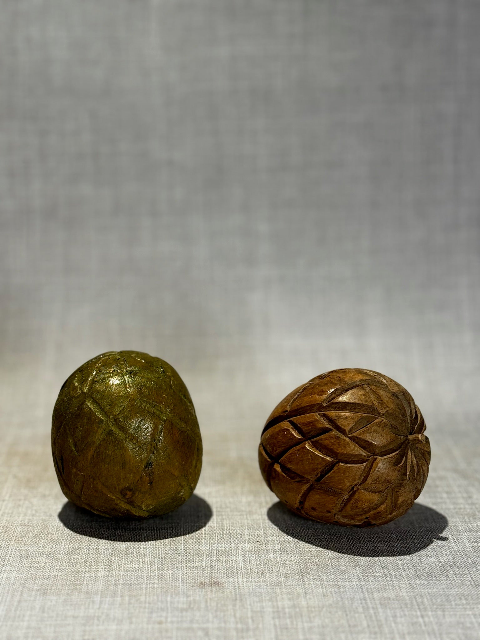 Vintage Hand-Carved Wooden Fruit Sculptures – Rustic Apple & Citrus Pair with Textured Crosshatch Carving