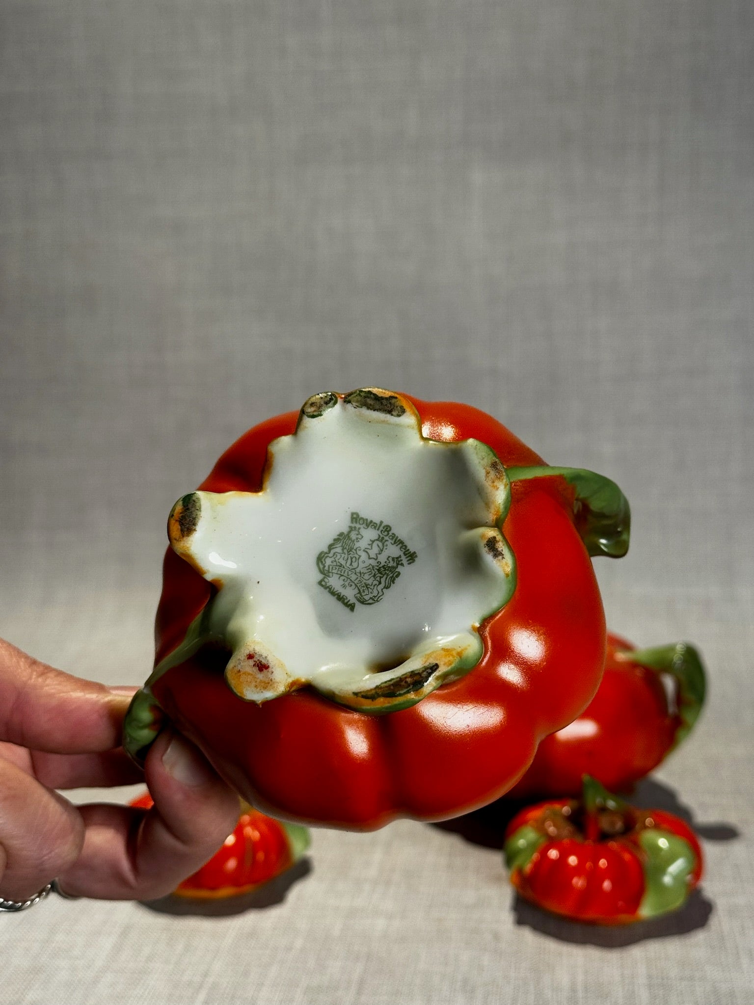 Pair of Vintage Royal Bayreuth Bavaria Figural Tomato Sugar Bowls with Lids – Hand-Painted Porcelain Vegetable Pottery