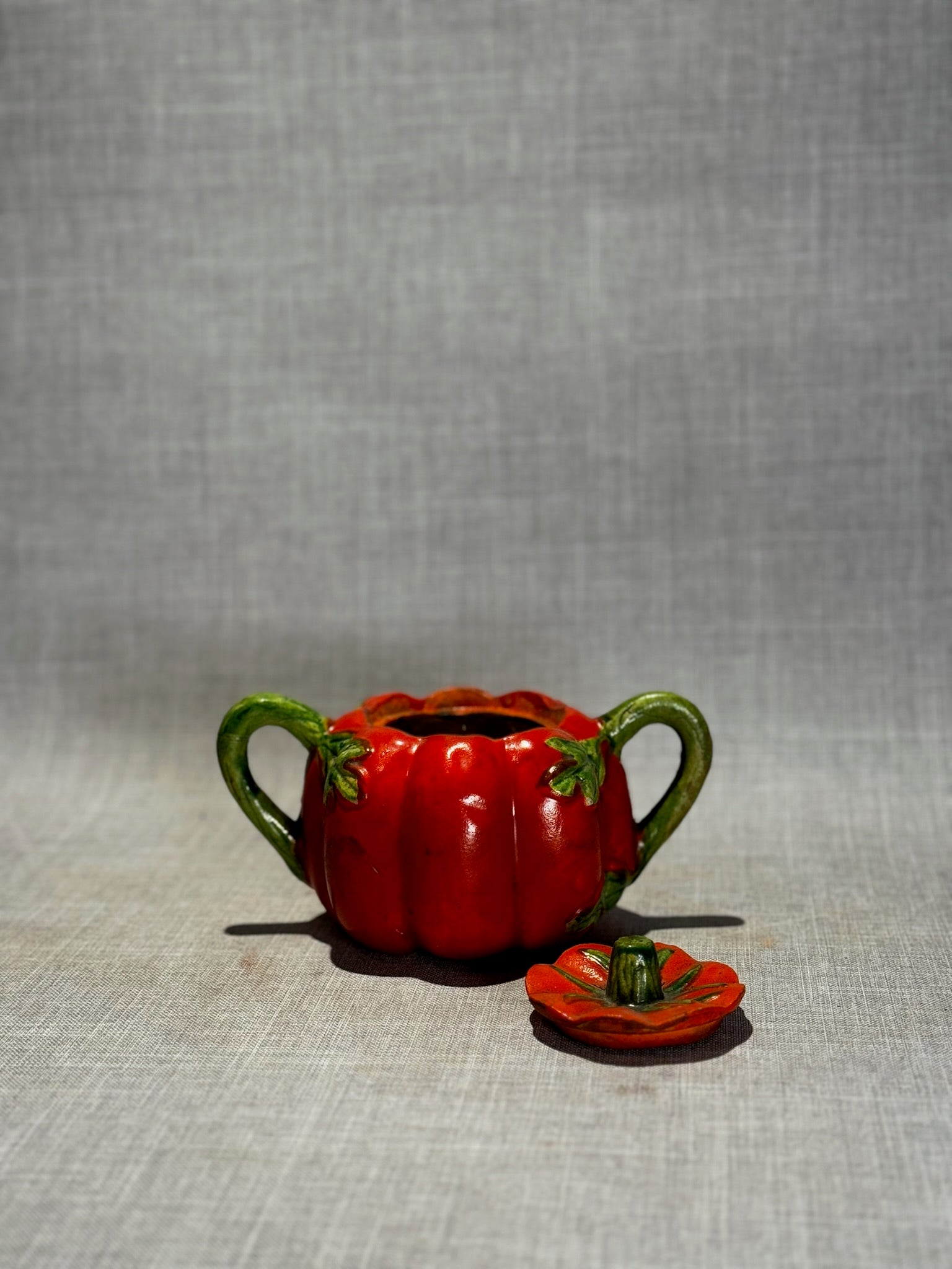 Vintage Medium Hand-Painted Ceramic Tomato Sugar Bowl with Lid & Twin Vine Handles – Made in Japan