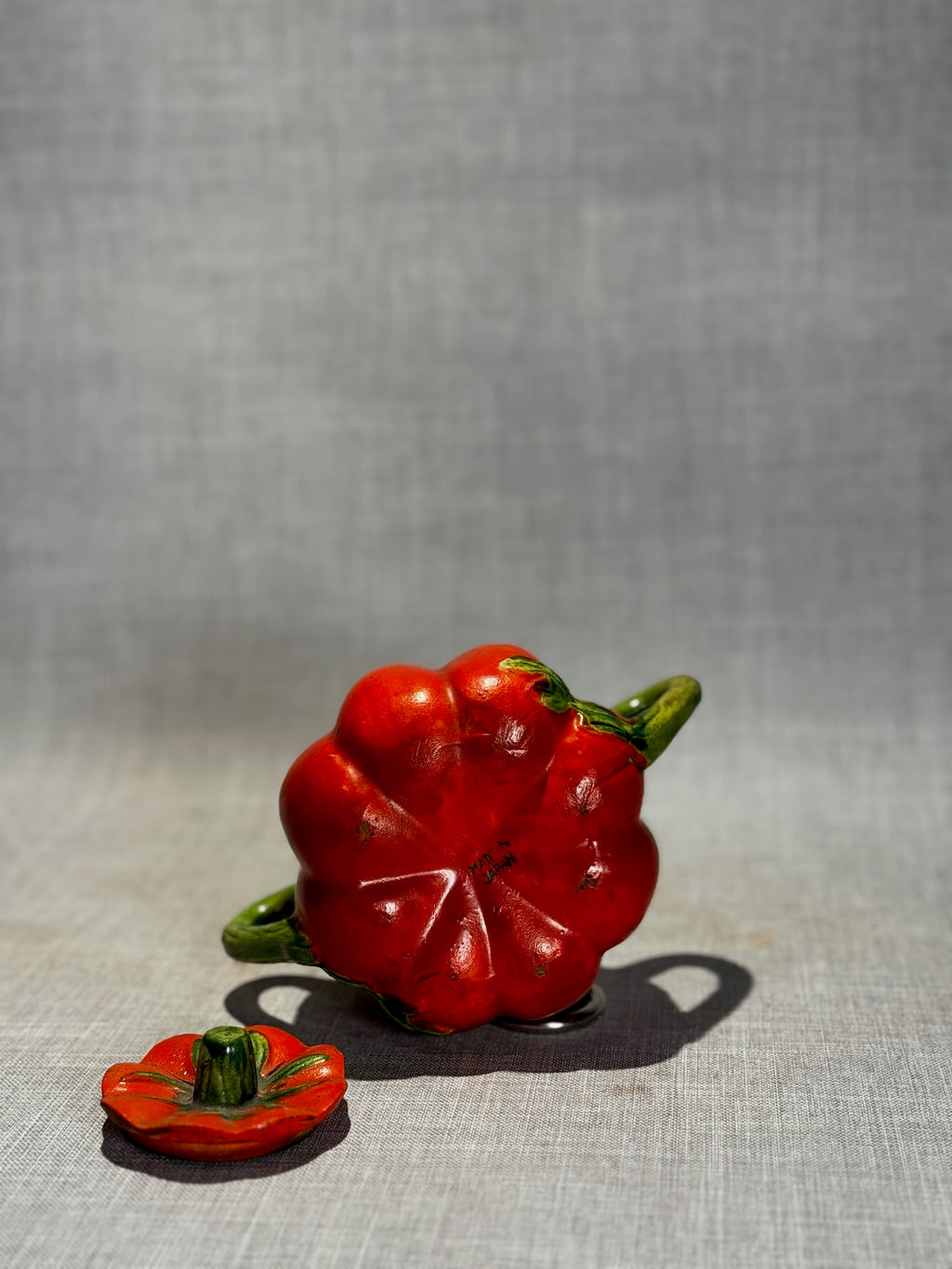 Vintage Medium Hand-Painted Ceramic Tomato Sugar Bowl with Lid & Twin Vine Handles – Made in Japan