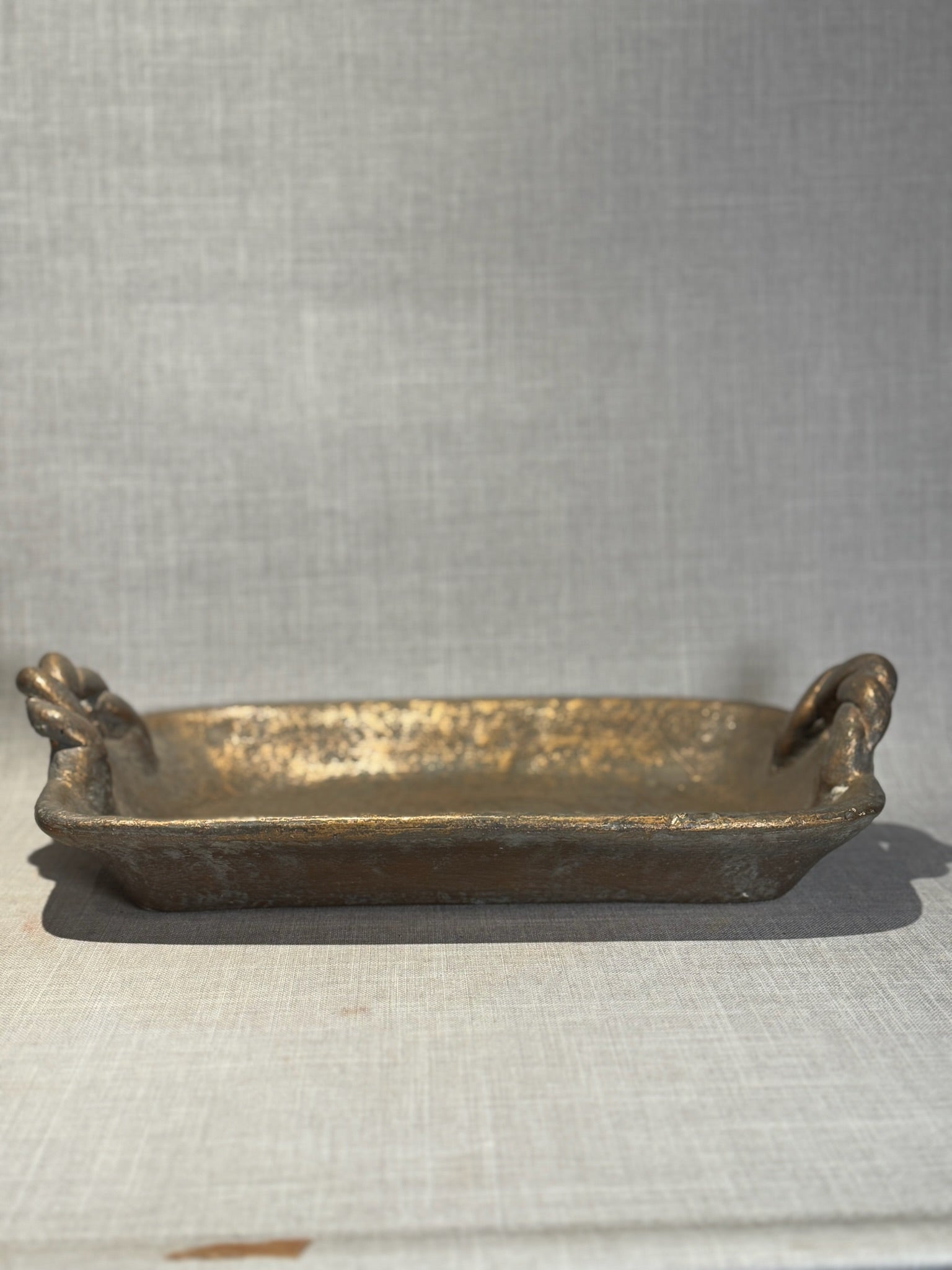 Handcrafted Vintage Ceramic Display Tray with Sculptural Twisted Handles and Gold Finish
