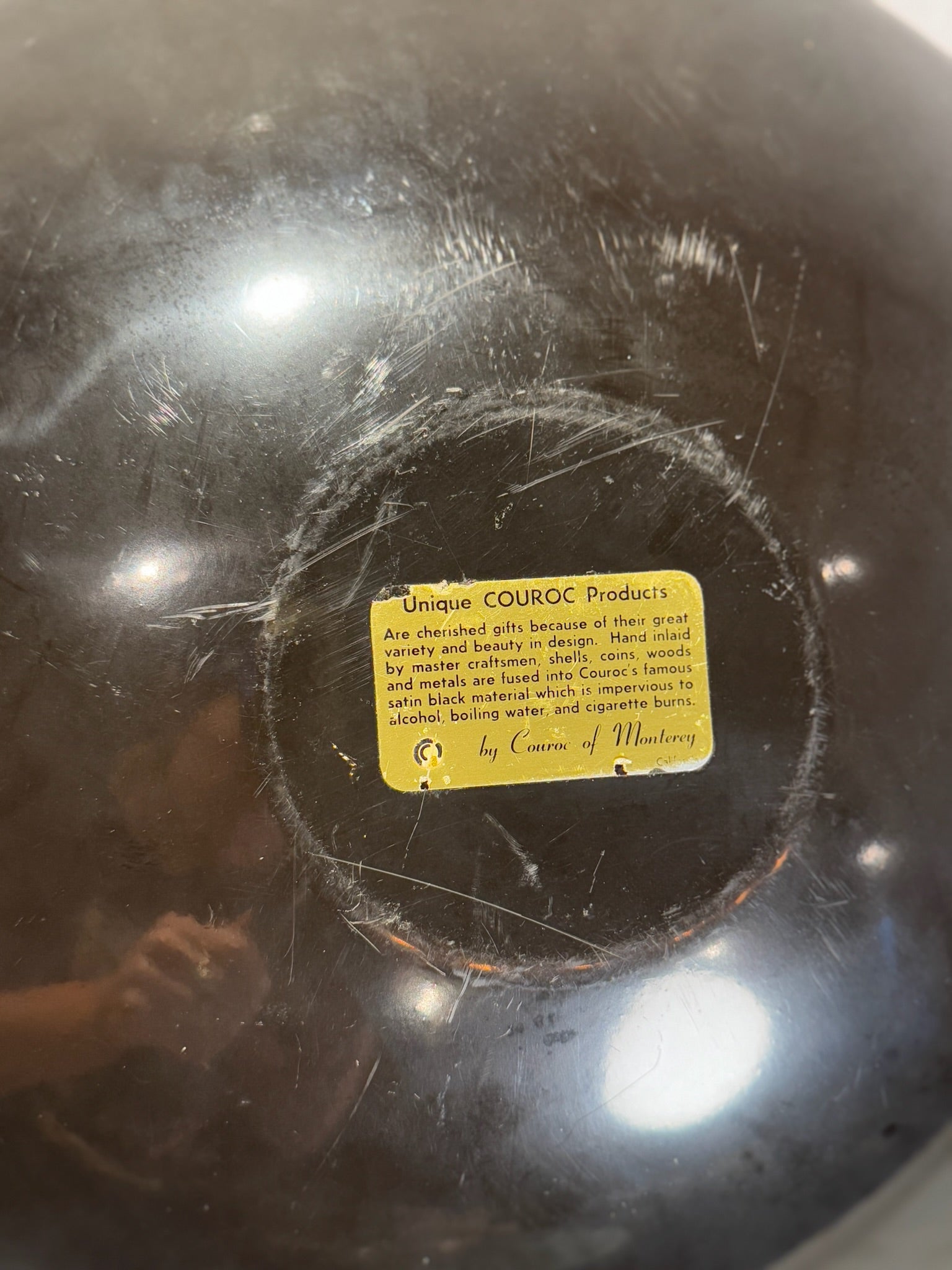 Vintage Couroc of Monterey Black Resin Serving Platter with Herb Motif & Inlaid Culinary Design