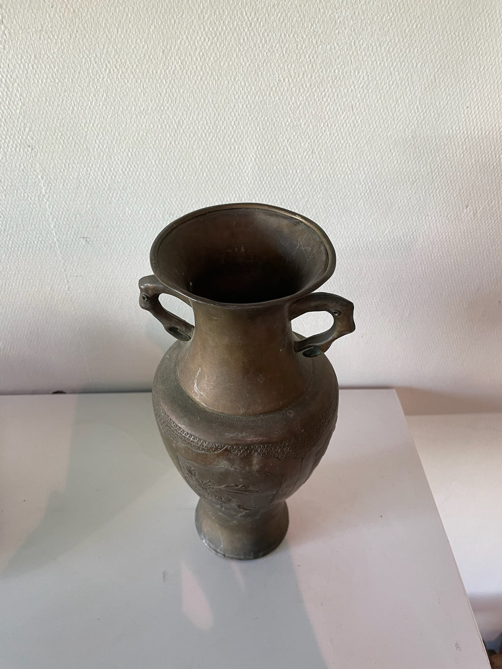 Antique Asian Bronze Vase with Sculptural Handles and Floral Relief Panels