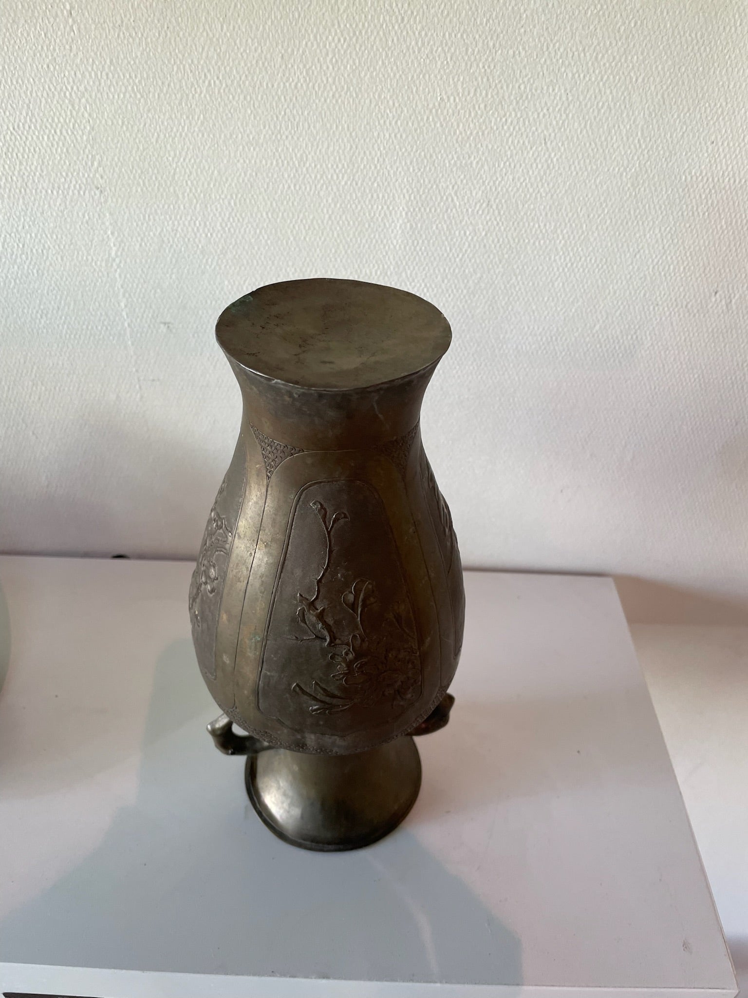 Antique Asian Bronze Vase with Sculptural Handles and Floral Relief Panels