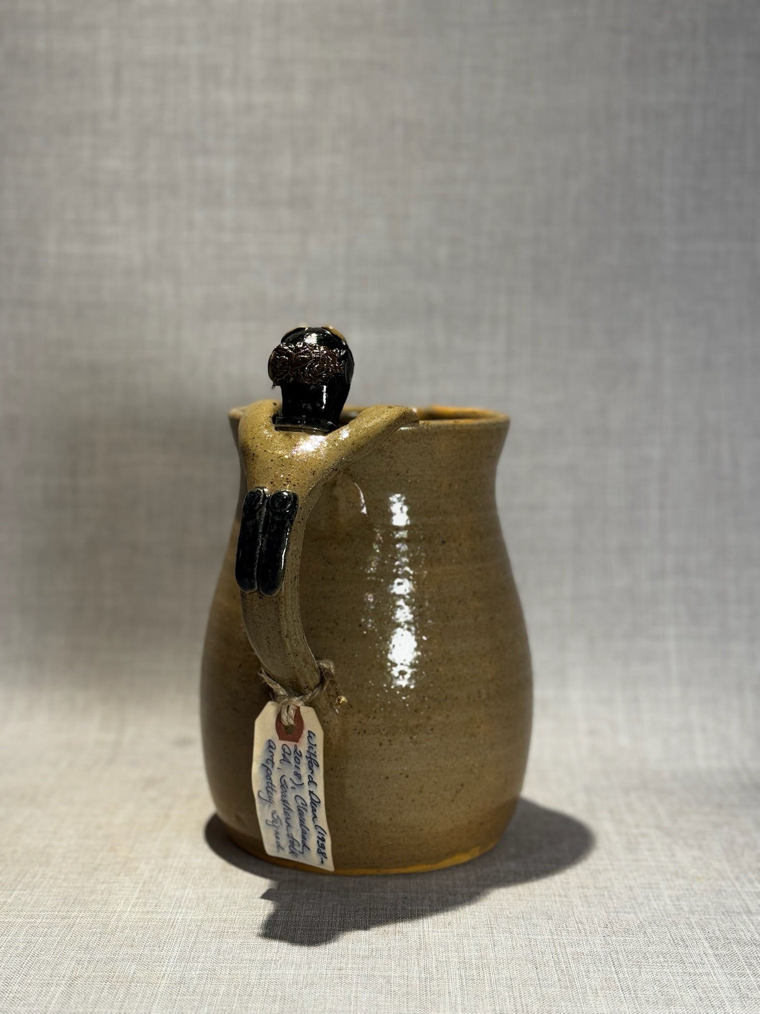 Wilford Dean Handmade Stoneware Pitcher with Sculpted Face Handle, North Carolina Folk Pottery
