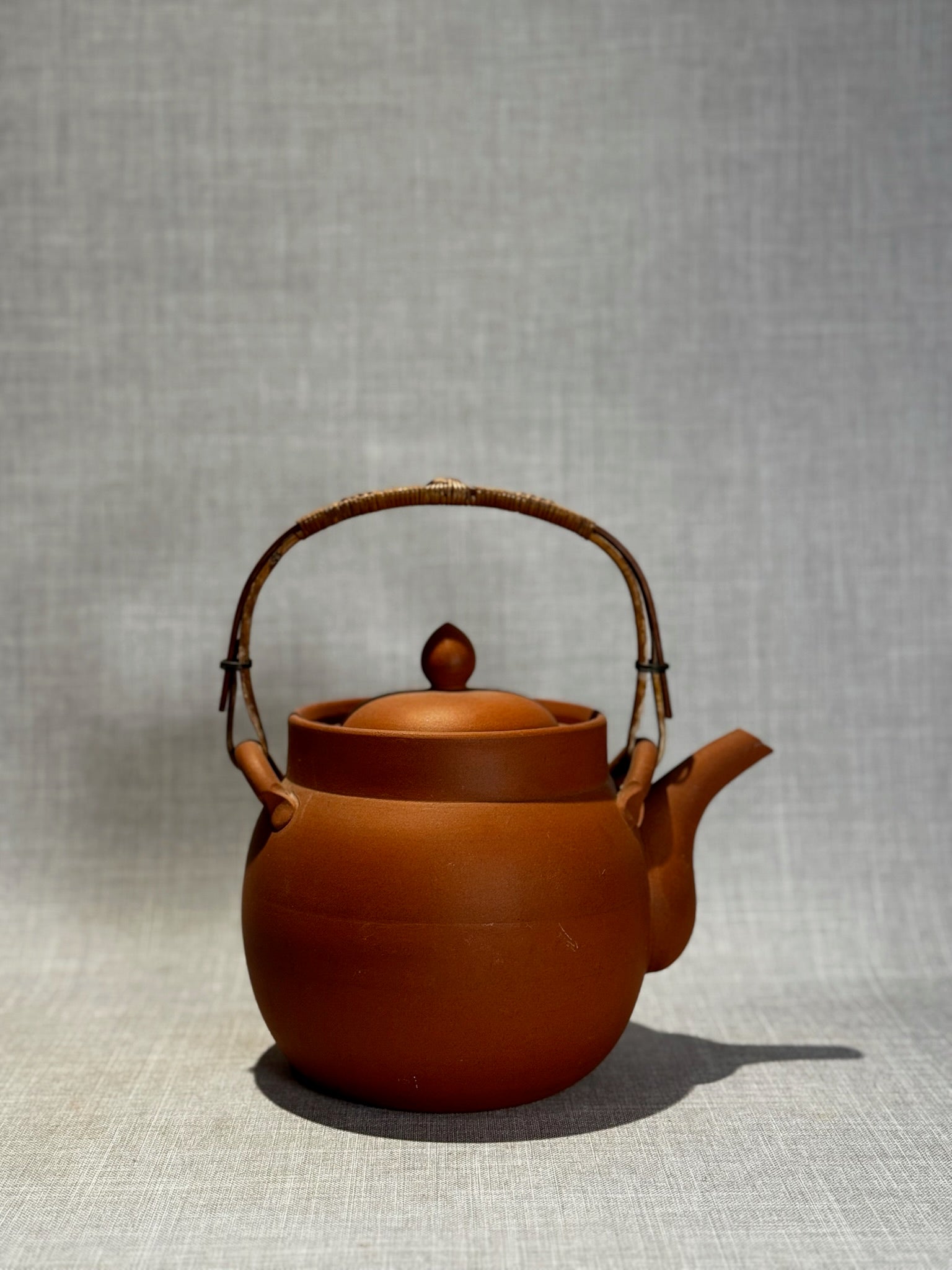 Vintage Japanese Unglazed Terracotta Teapot with Bamboo Handle and Removable Tea Strainer