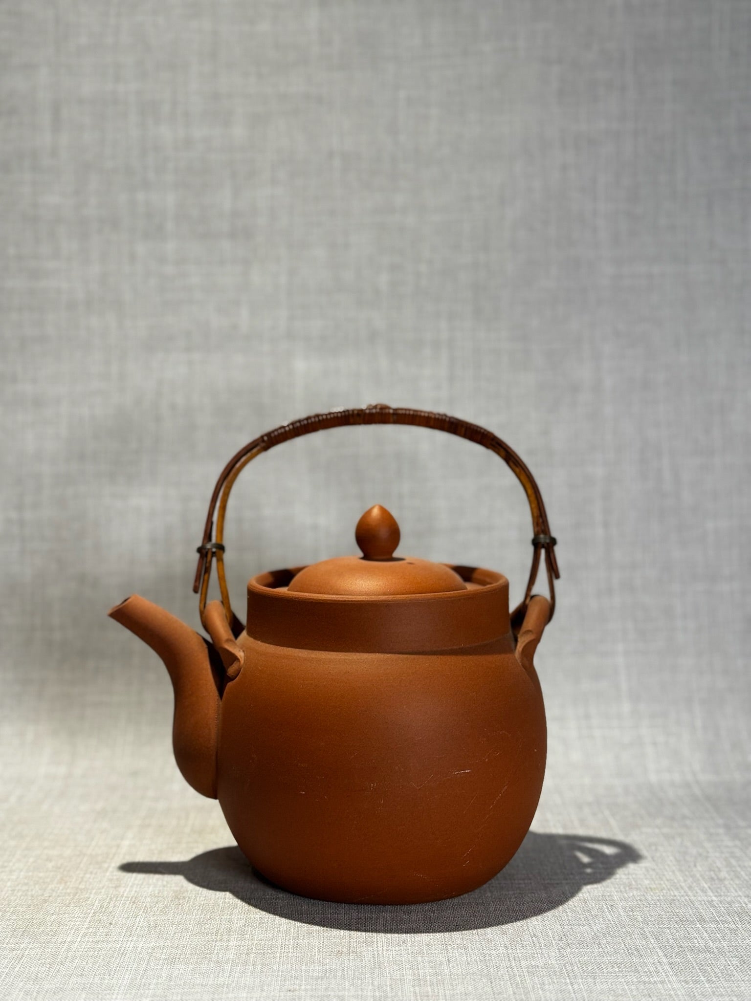 Vintage Japanese Unglazed Terracotta Teapot with Bamboo Handle and Removable Tea Strainer