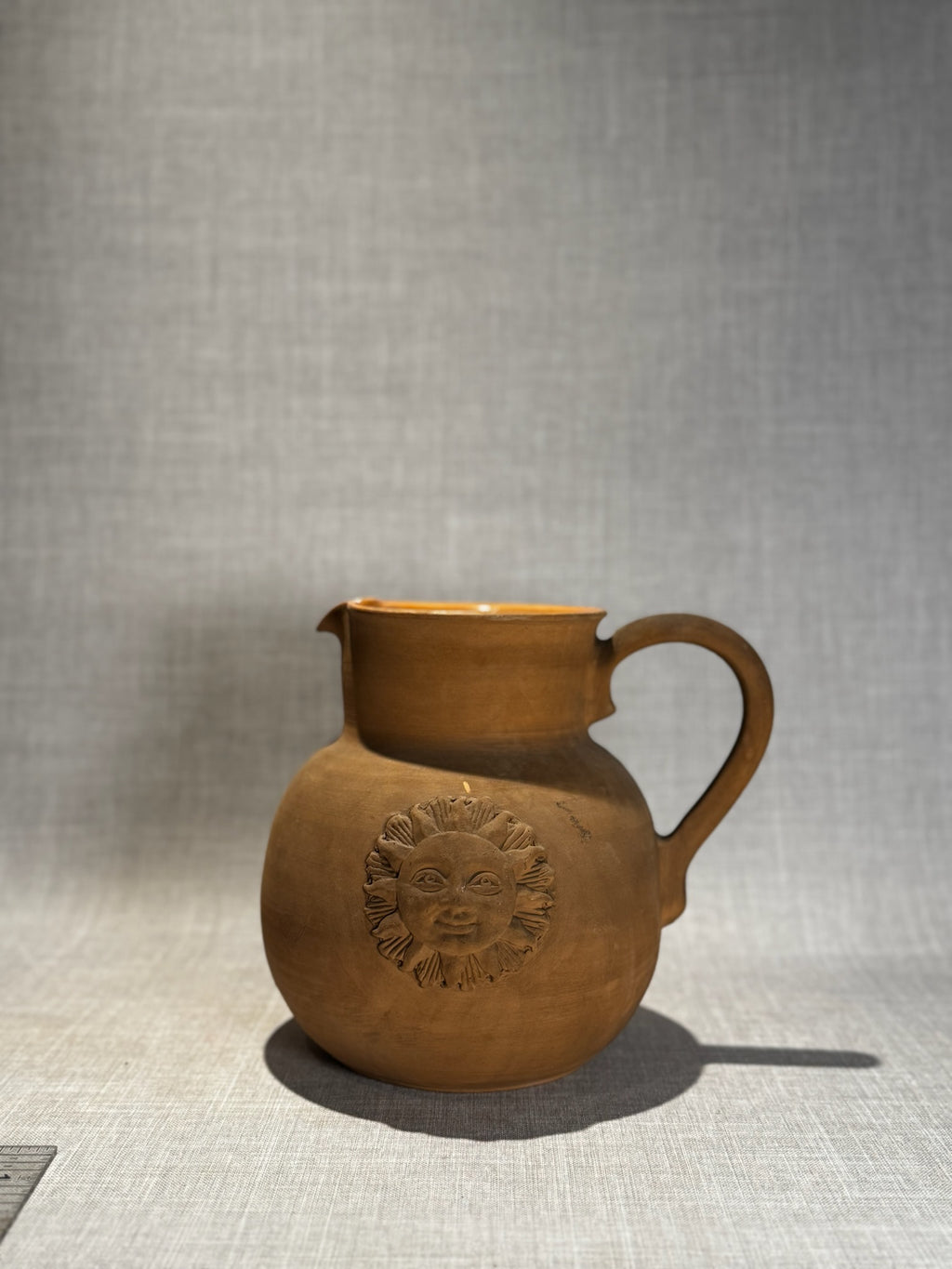 Handcrafted Italian Terra Cotta Sun Face Pitcher – Vintage Folk Art Clay Jug with Embossed Medallion