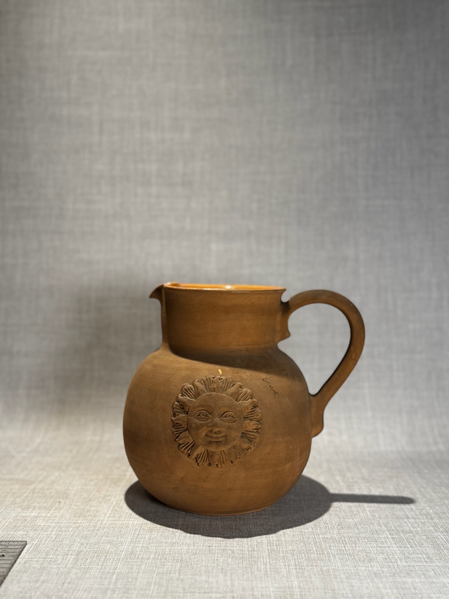 Handcrafted Italian Terra Cotta Sun Face Pitcher – Vintage Folk Art Clay Jug with Embossed Medallion