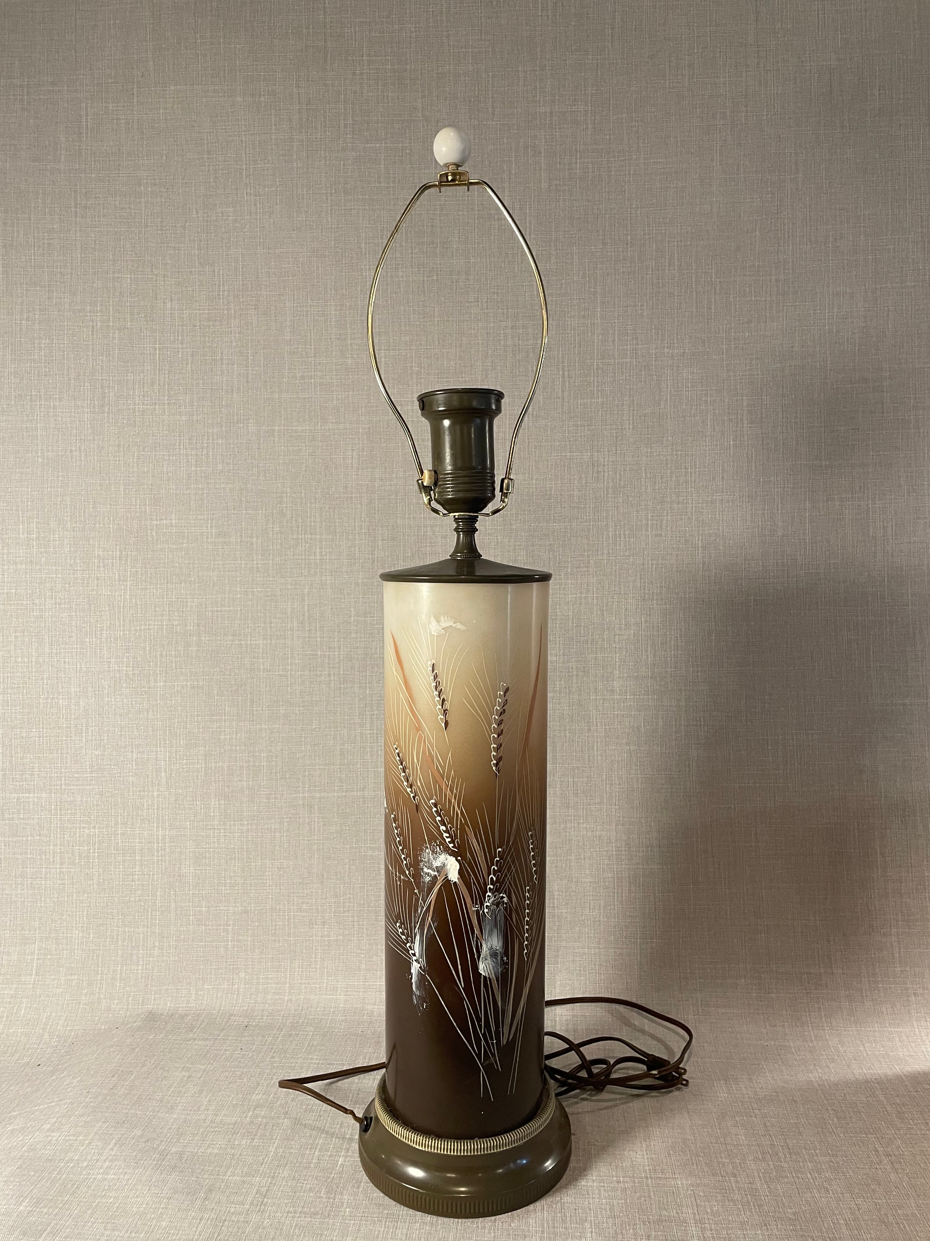 Vintage Smoked Glass Etched Wheat Table Lamp with Cream Fabric Shade, featuring a gradient base and elegant wheat design, hommes + gardens estudio.