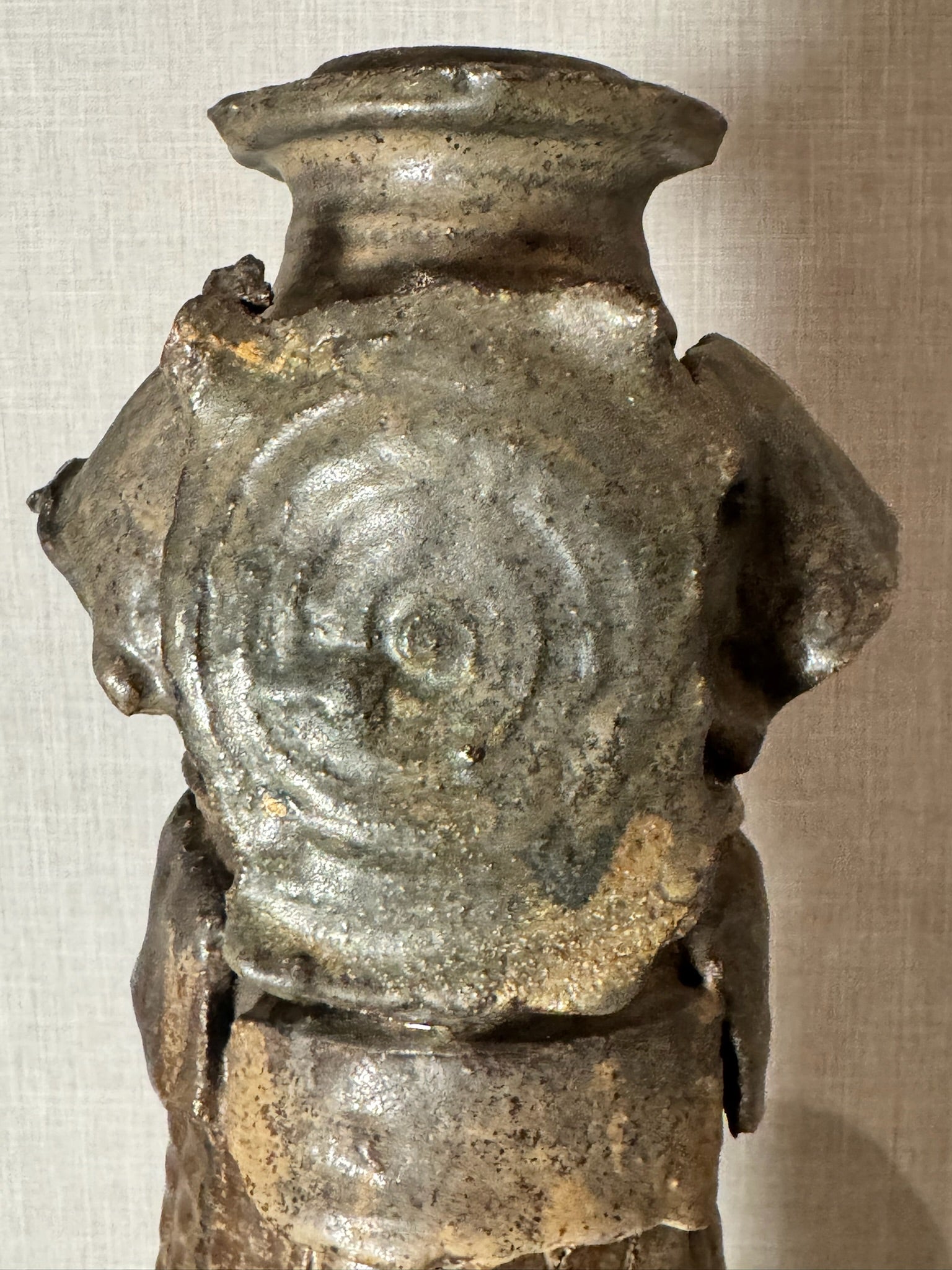 Antique Hand-Built Stoneware Sculptural Vessel with Armor-Like Relief, Earth-Tone Ash Glaze