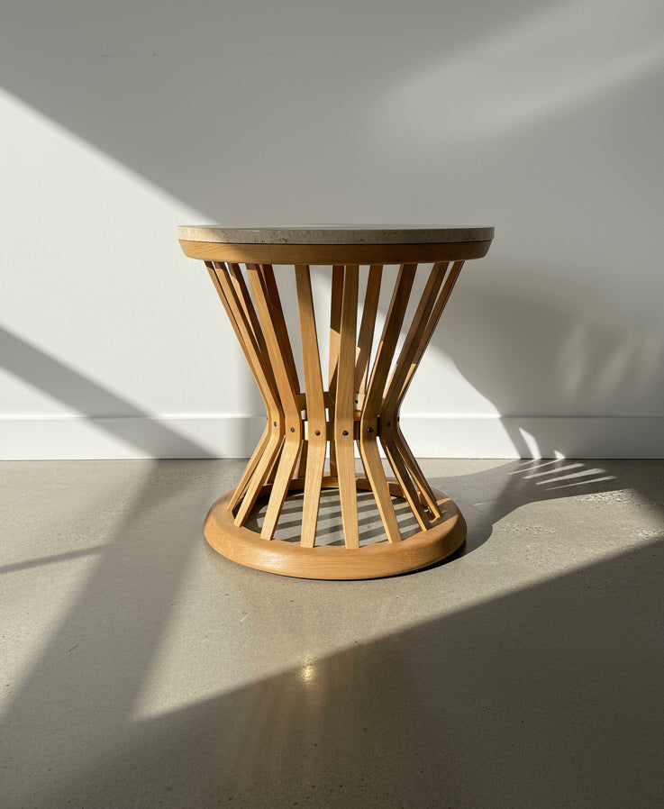 Edward Wormley for Dunbar Travertine & Sculpted Walnut Sheaf of Wheat Table on display, showcasing mid-century design. hommes + gardens estudio.