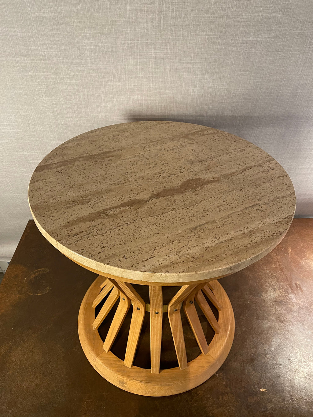 Edward Wormley for Dunbar Travertine & Sculpted Walnut Sheaf of Wheat Table, featuring a travertine top and walnut base. hommes + gardens estudio.