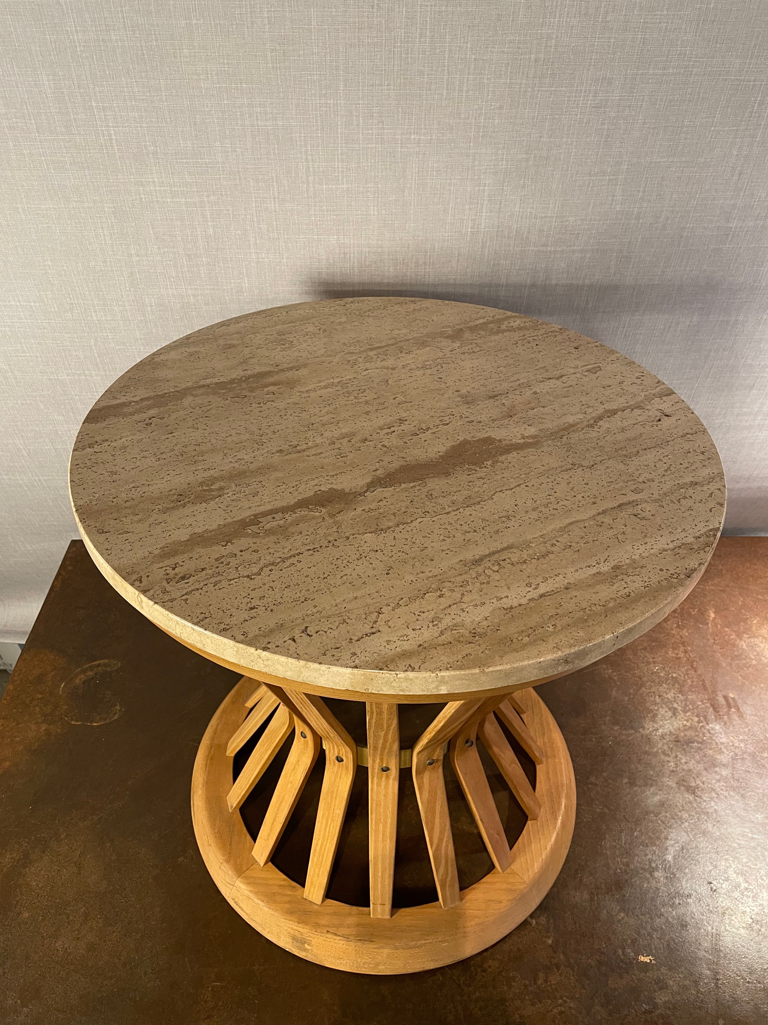 Edward Wormley for Dunbar Travertine & Sculpted Walnut Sheaf of Wheat Table, featuring a travertine top and walnut base. hommes + gardens estudio.
